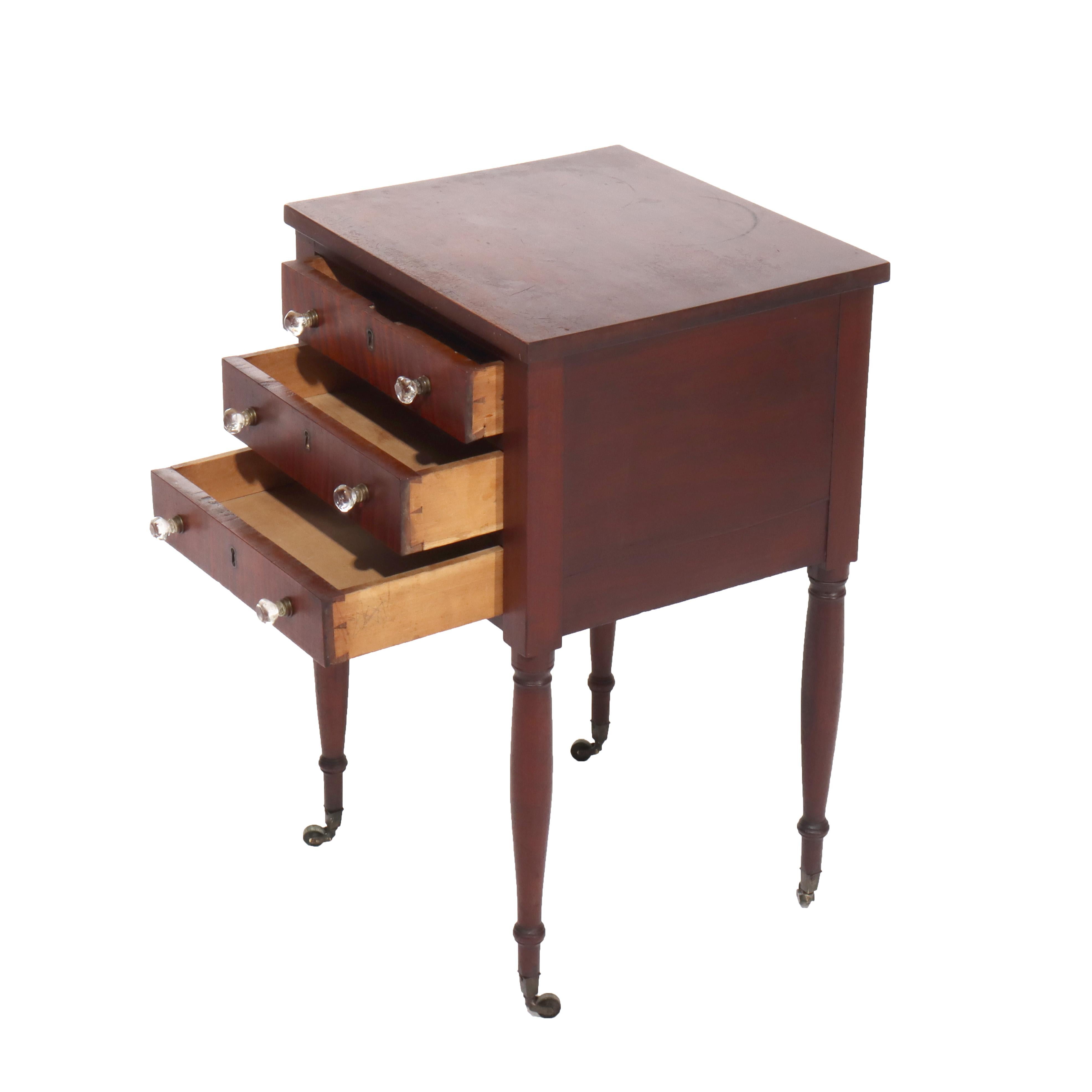 Sheraton Cherry & Tiger Maple Three-Drawer Sewing Stand C1830 In Good Condition For Sale In Big Flats, NY