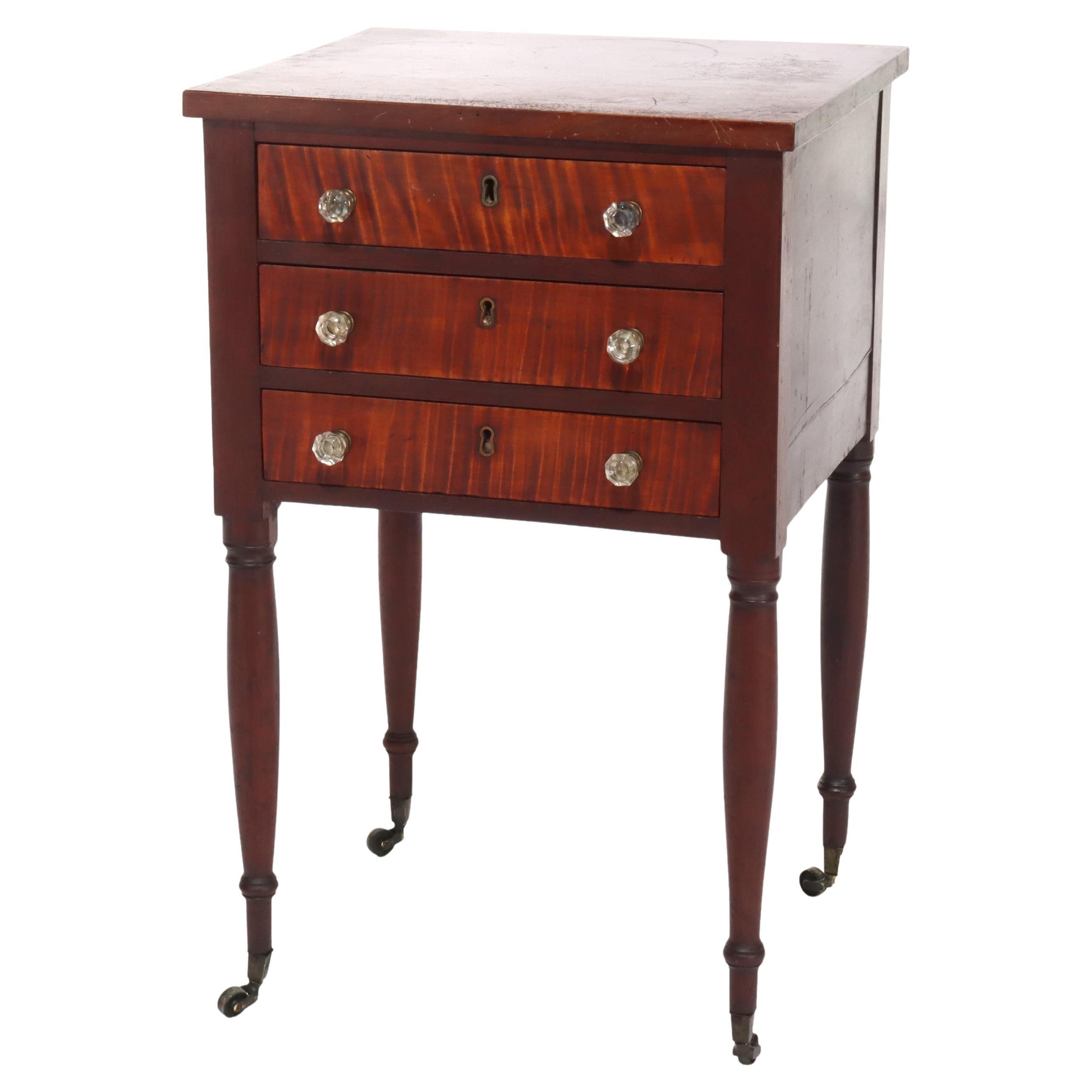 Sheraton Cherry & Tiger Maple Three-Drawer Sewing Stand C1830 For Sale