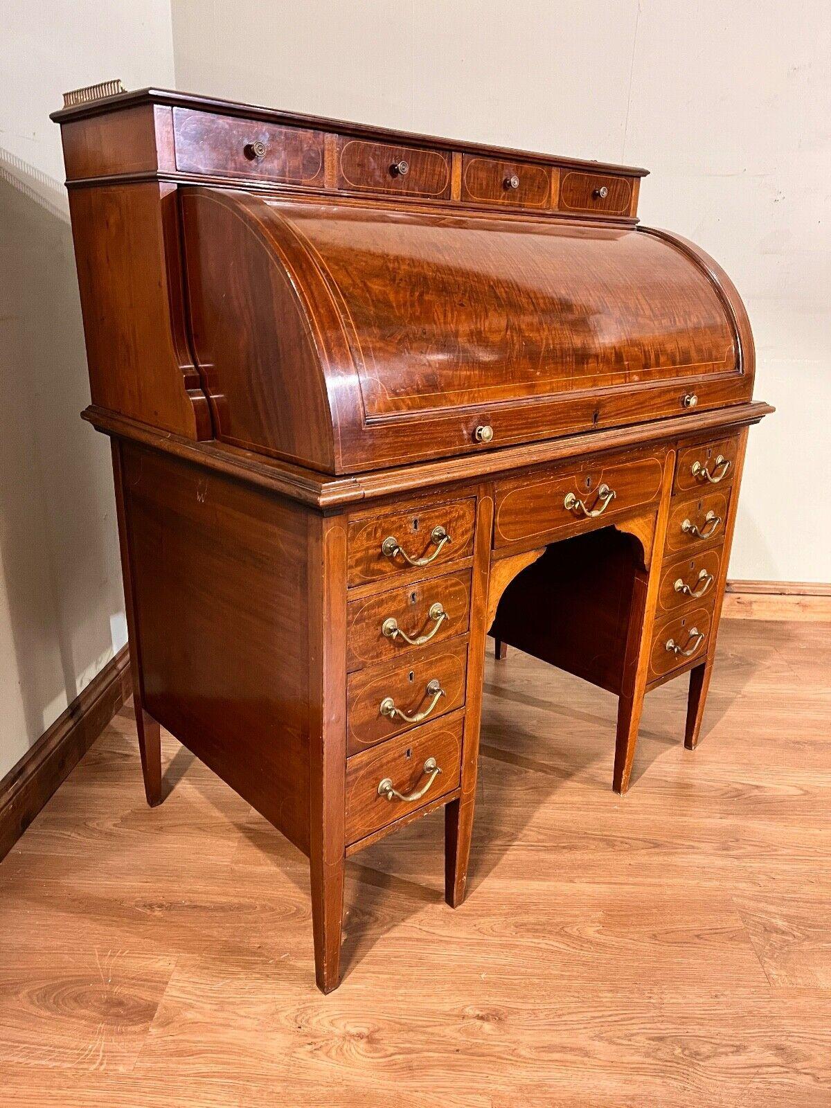 Sheraton Desk Mahogany Roll Top Writing Table Edwardian For Sale 6