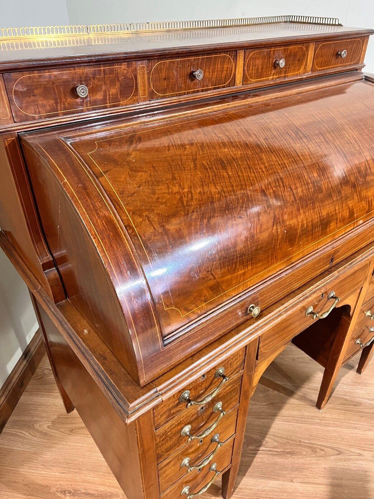 Sheraton Desk Mahogany Roll Top Writing Table Edwardian For Sale 8