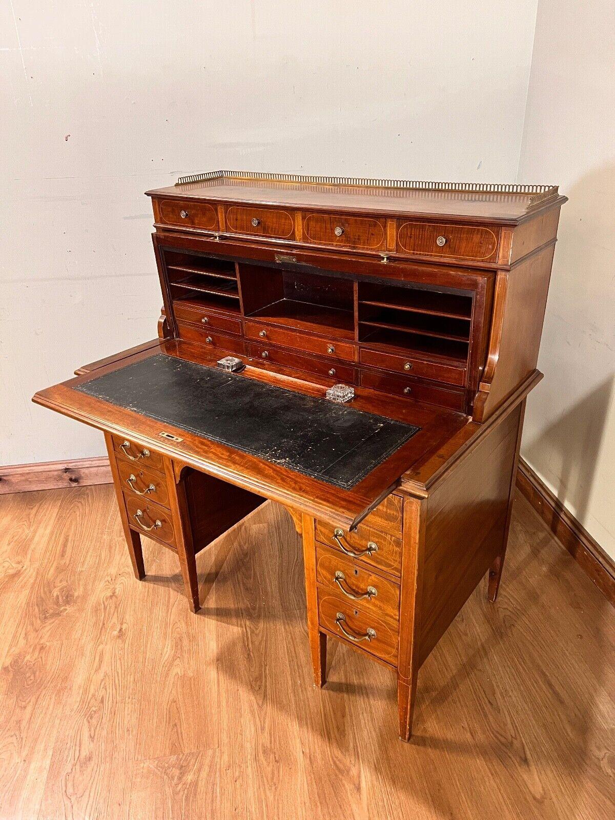 Sheraton Desk Mahogany Roll Top Writing Table Edwardian For Sale 9