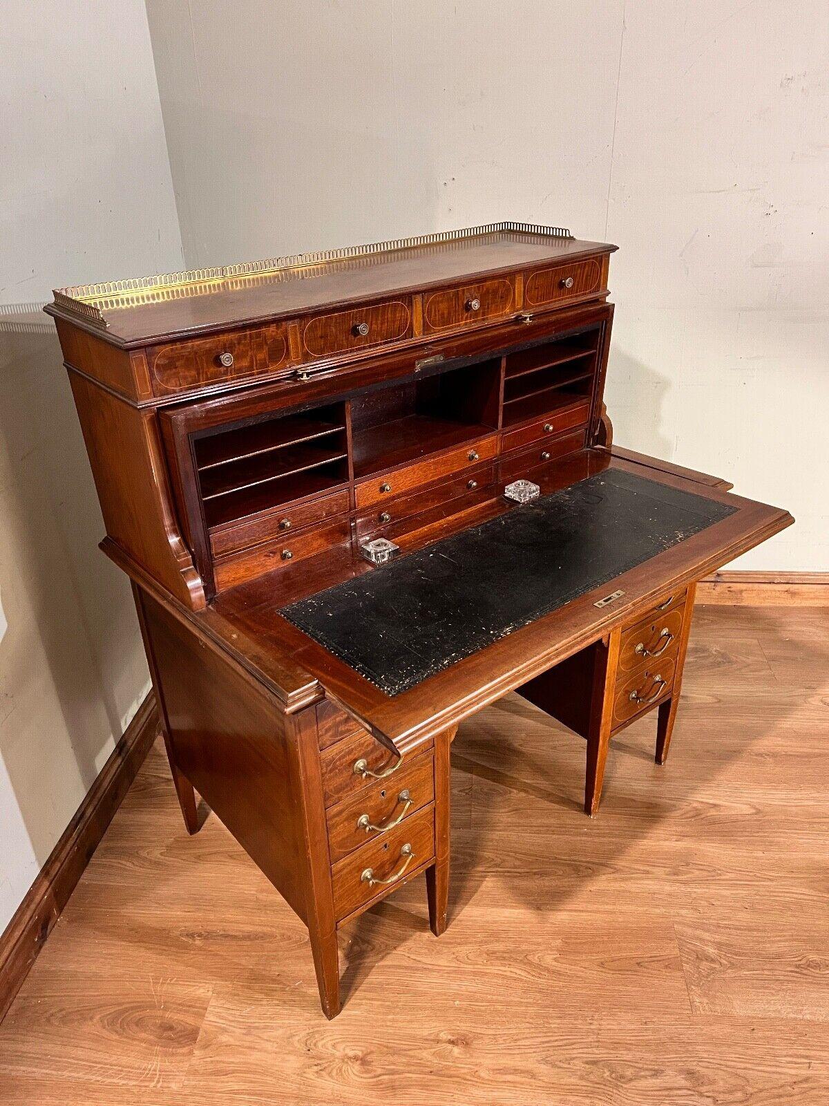 Sheraton Desk Mahogany Roll Top Writing Table Edwardian In Good Condition For Sale In Potters Bar, GB