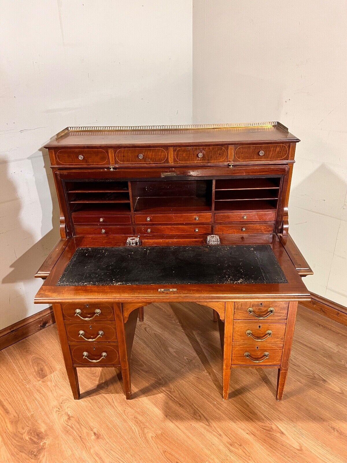 19th Century Sheraton Desk Mahogany Roll Top Writing Table Edwardian For Sale