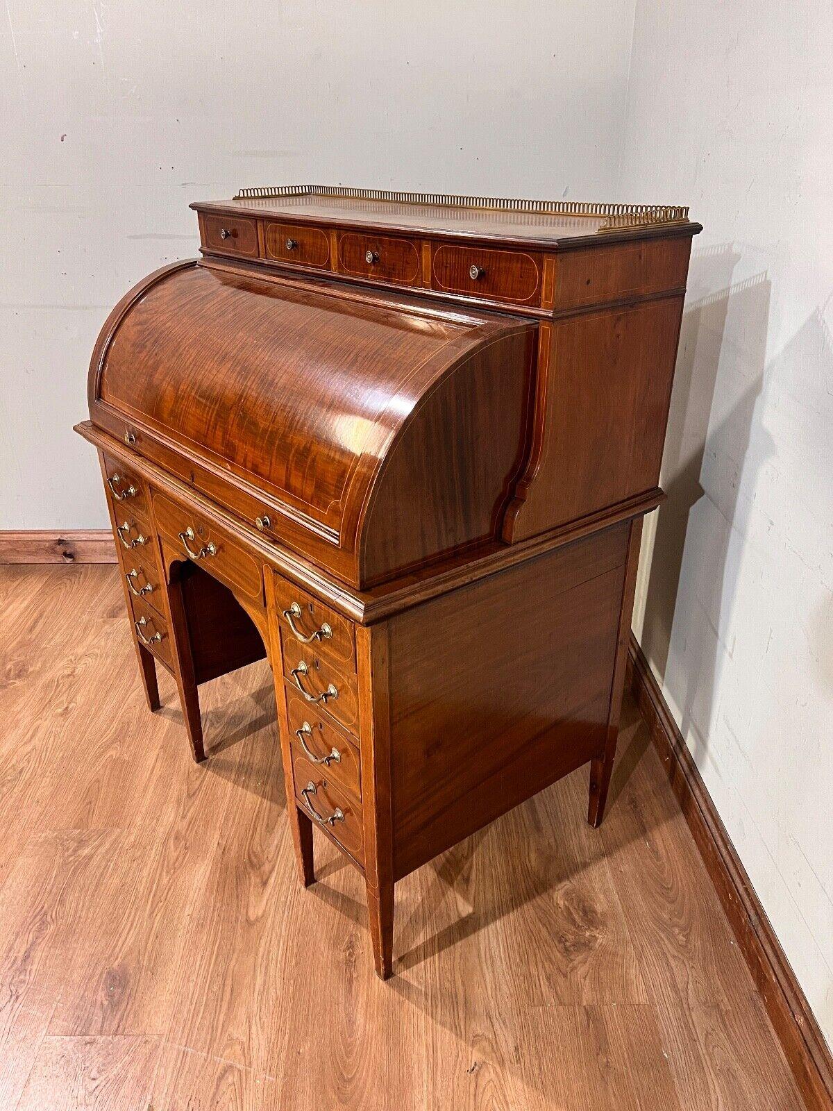 Sheraton Desk Mahogany Roll Top Writing Table Edwardian In Good Condition In Potters Bar, GB