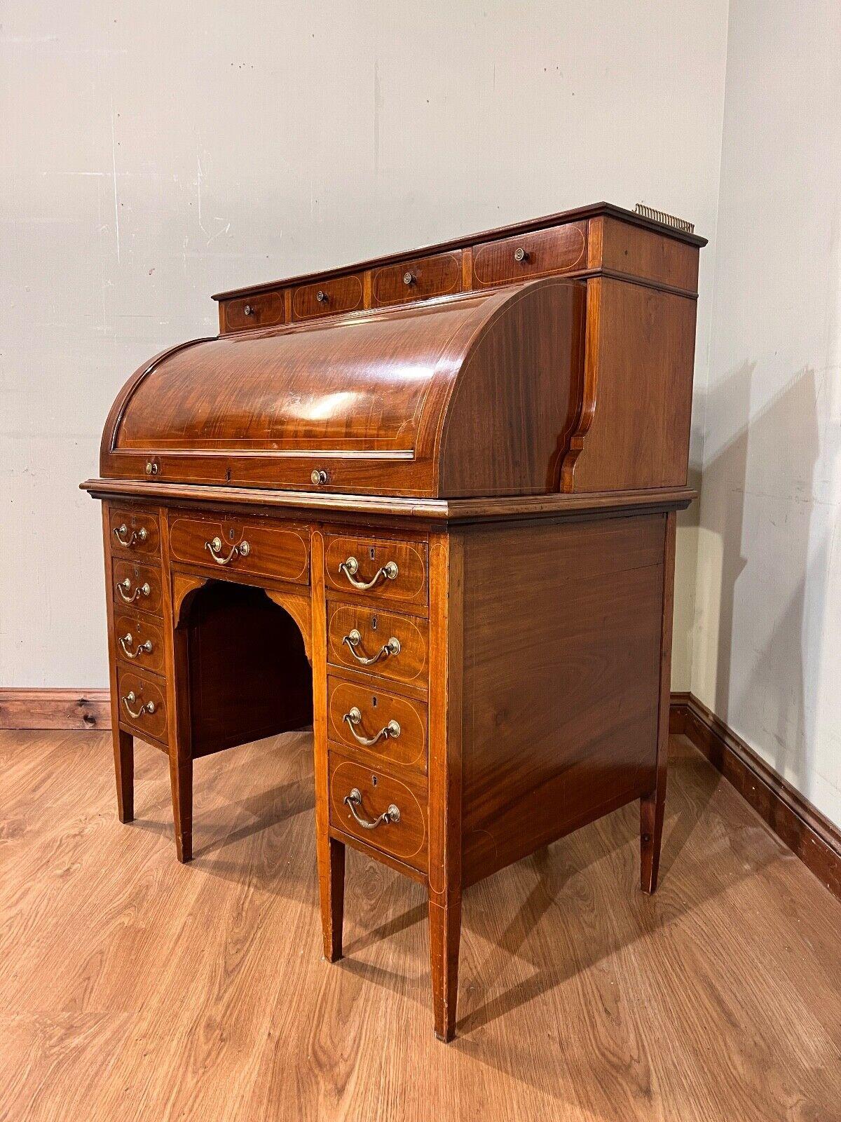 Sheraton Desk Mahogany Roll Top Writing Table Edwardian For Sale 1