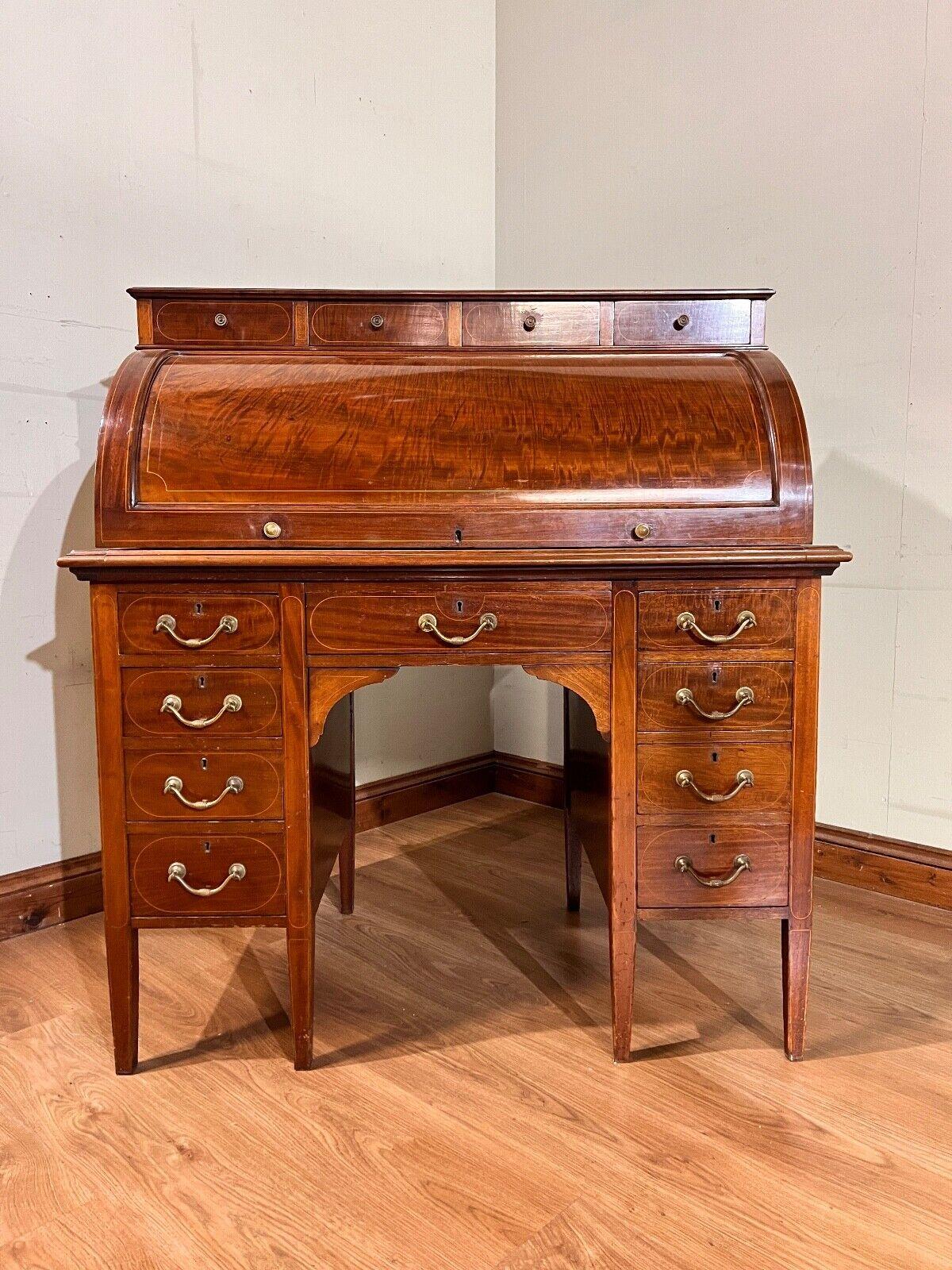 Sheraton Desk Mahogany Roll Top Writing Table Edwardian For Sale 3