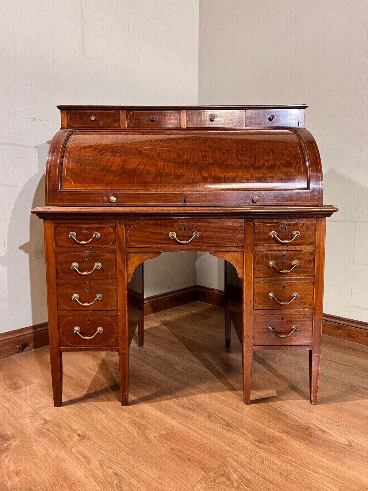 Sheraton Desk Mahogany Roll Top Writing Table Edwardian For Sale 3