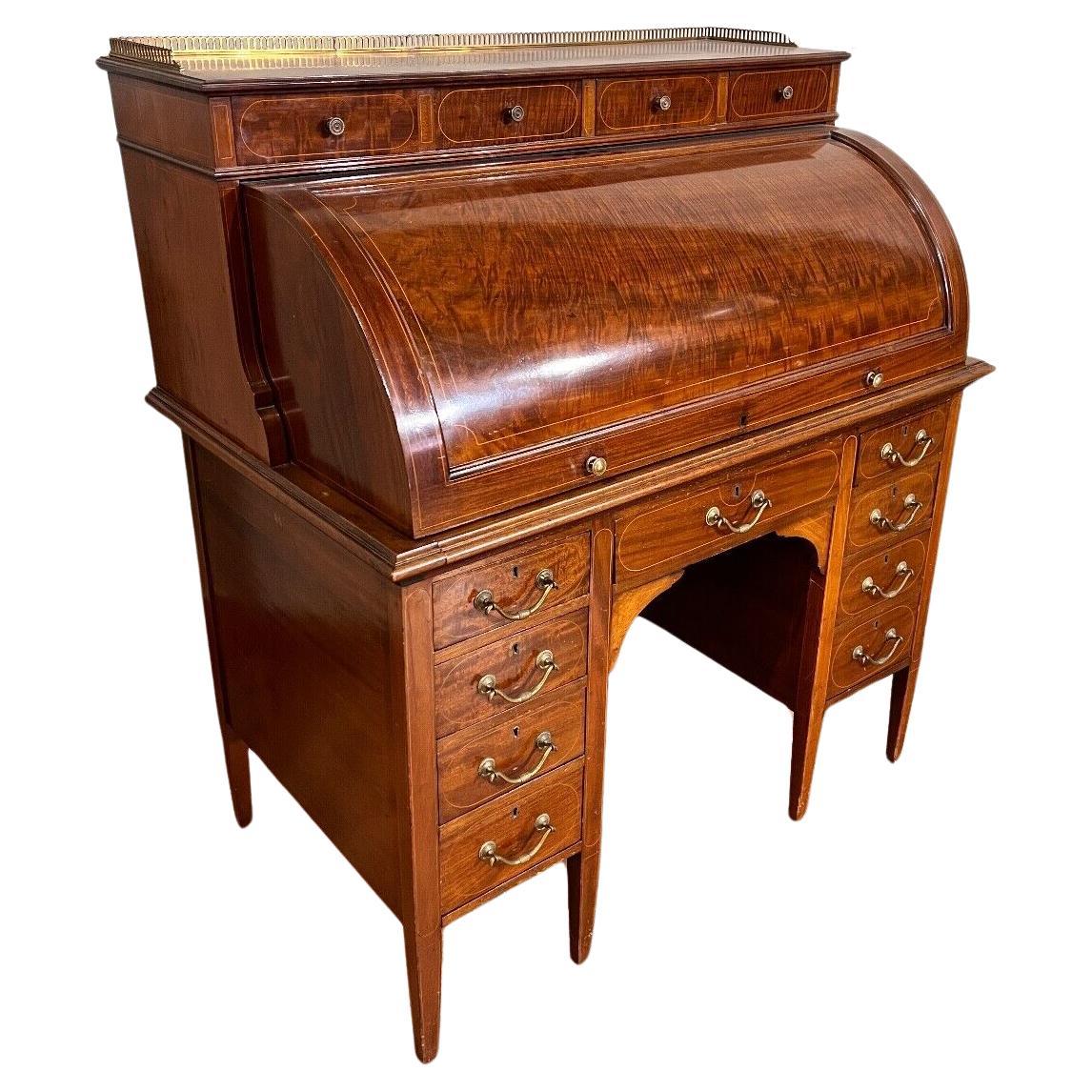 Sheraton Desk Mahogany Roll Top Writing Table Edwardian For Sale