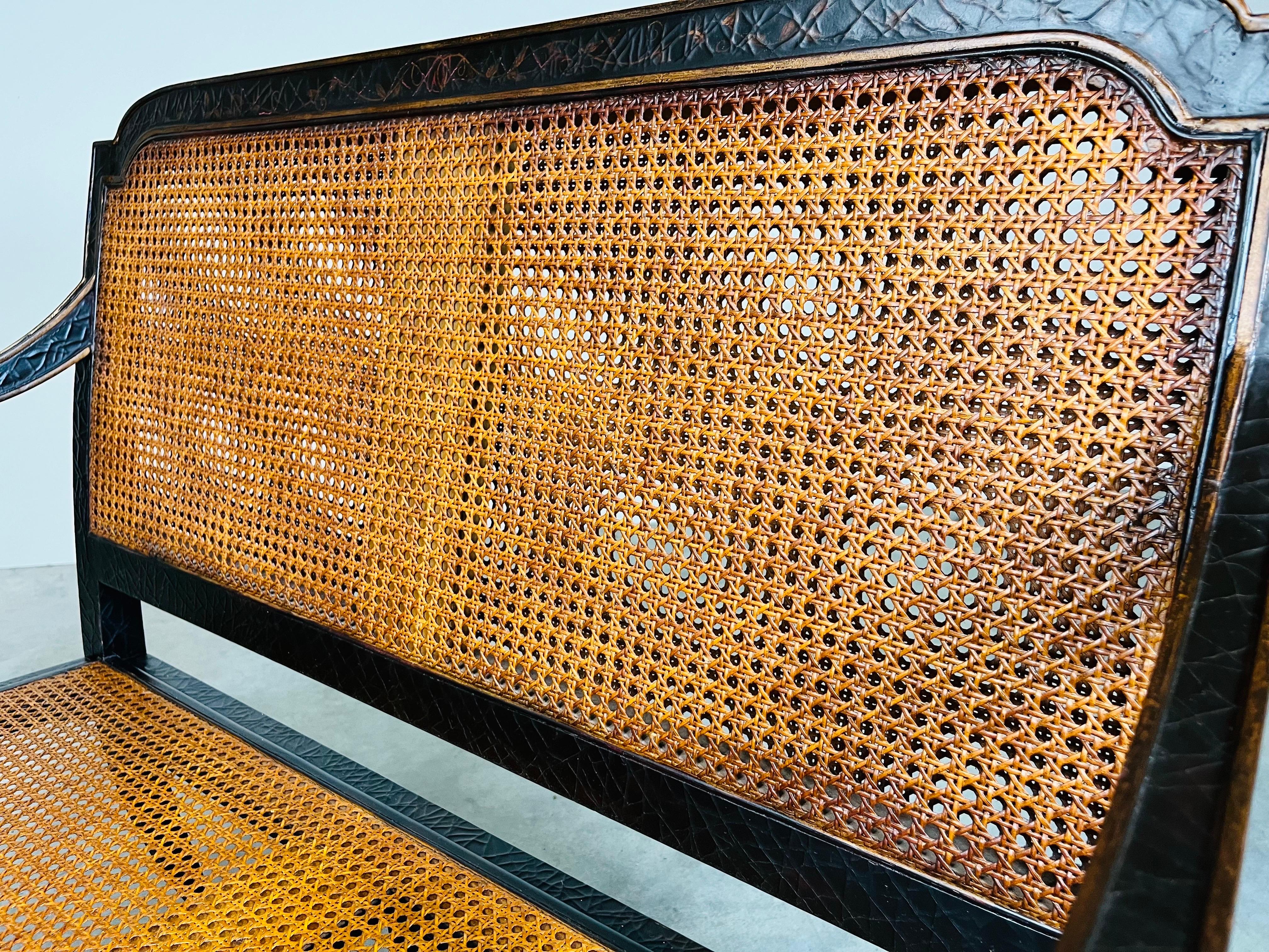 Sheraton Double Cane Black & Gold Settee Bench  By Baker Milling Road 3