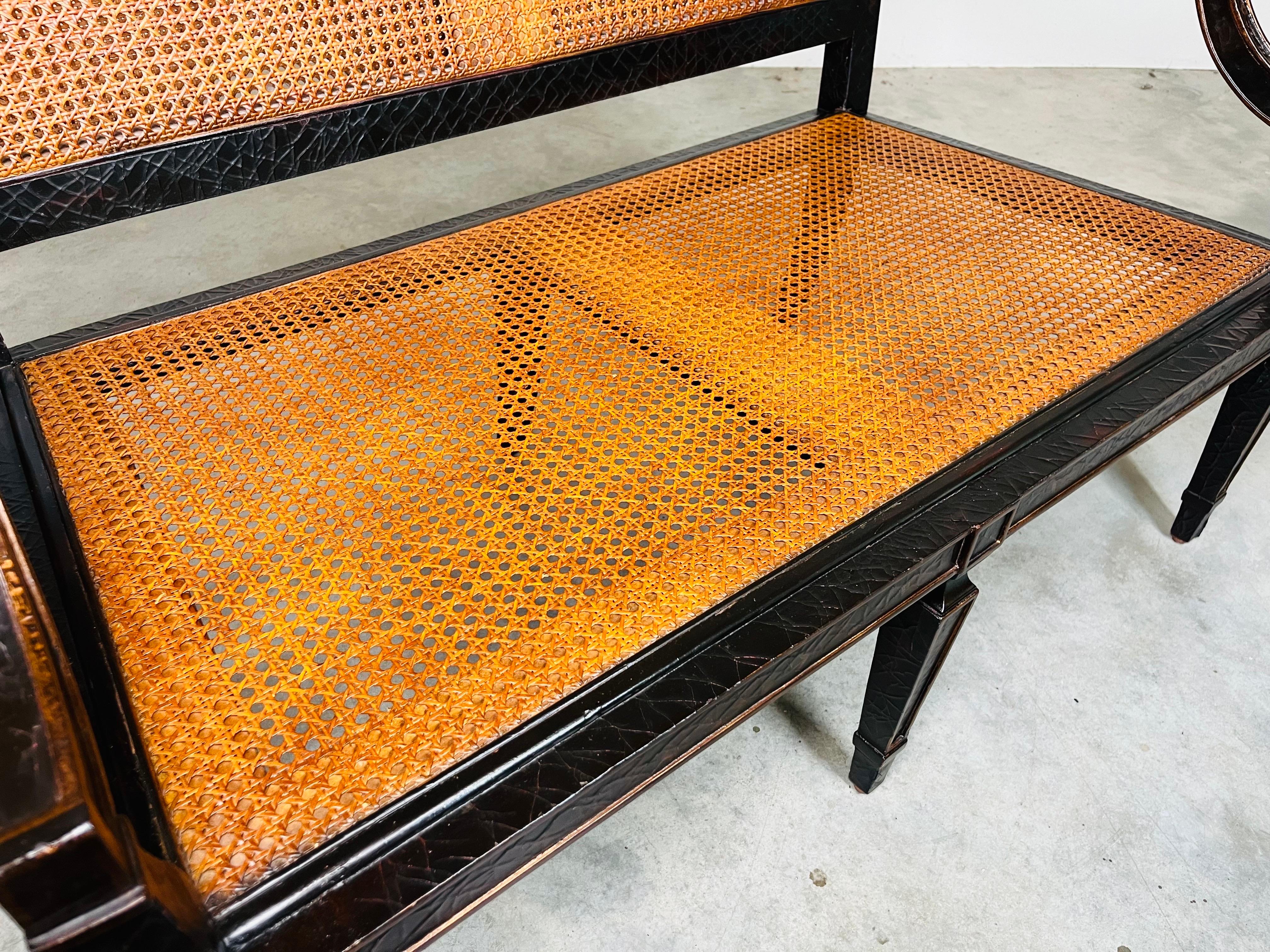 Sheraton Double Cane Black & Gold Settee Bench  By Baker Milling Road 4