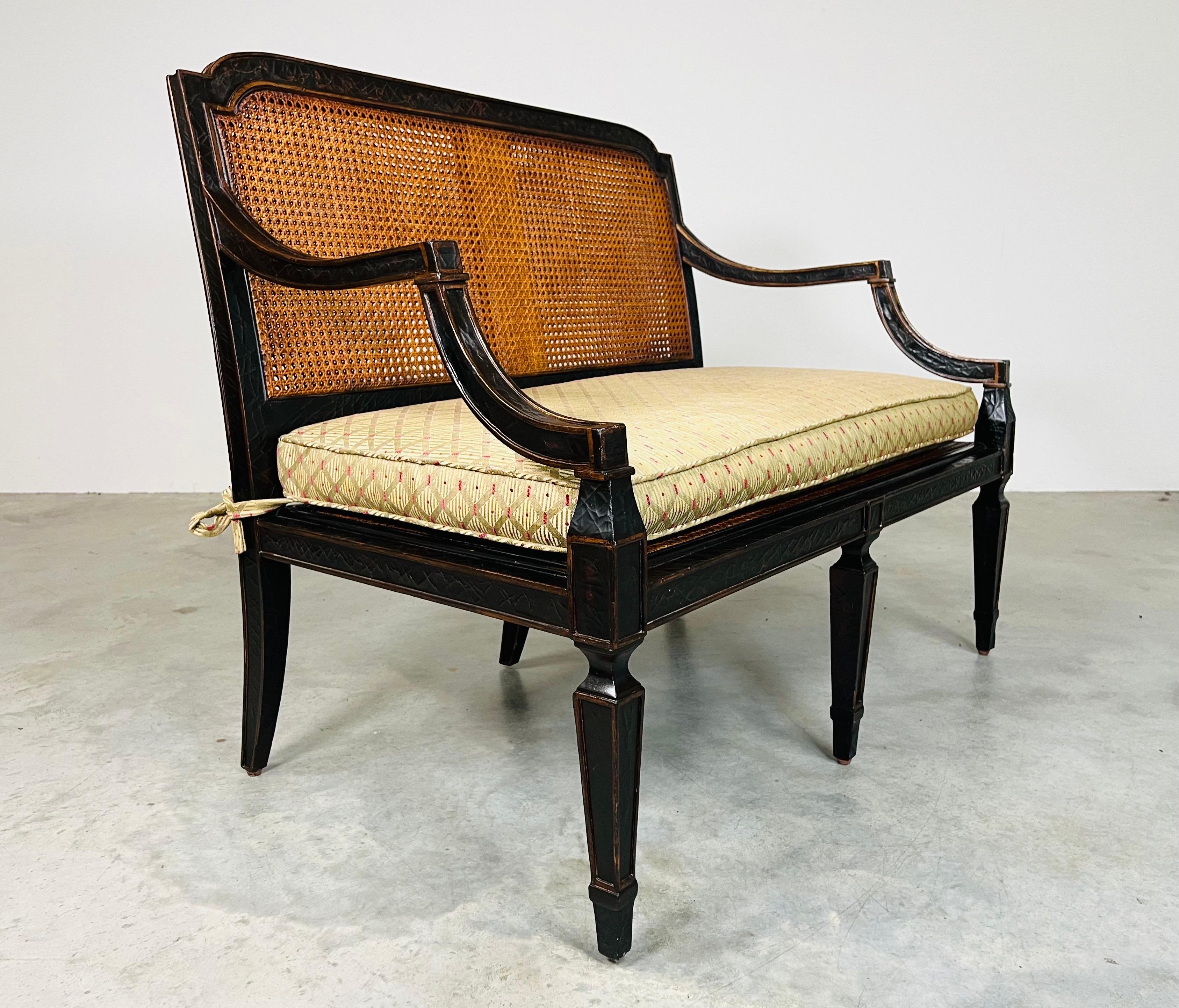 American Sheraton Double Cane Black & Gold Settee Bench  By Baker Milling Road