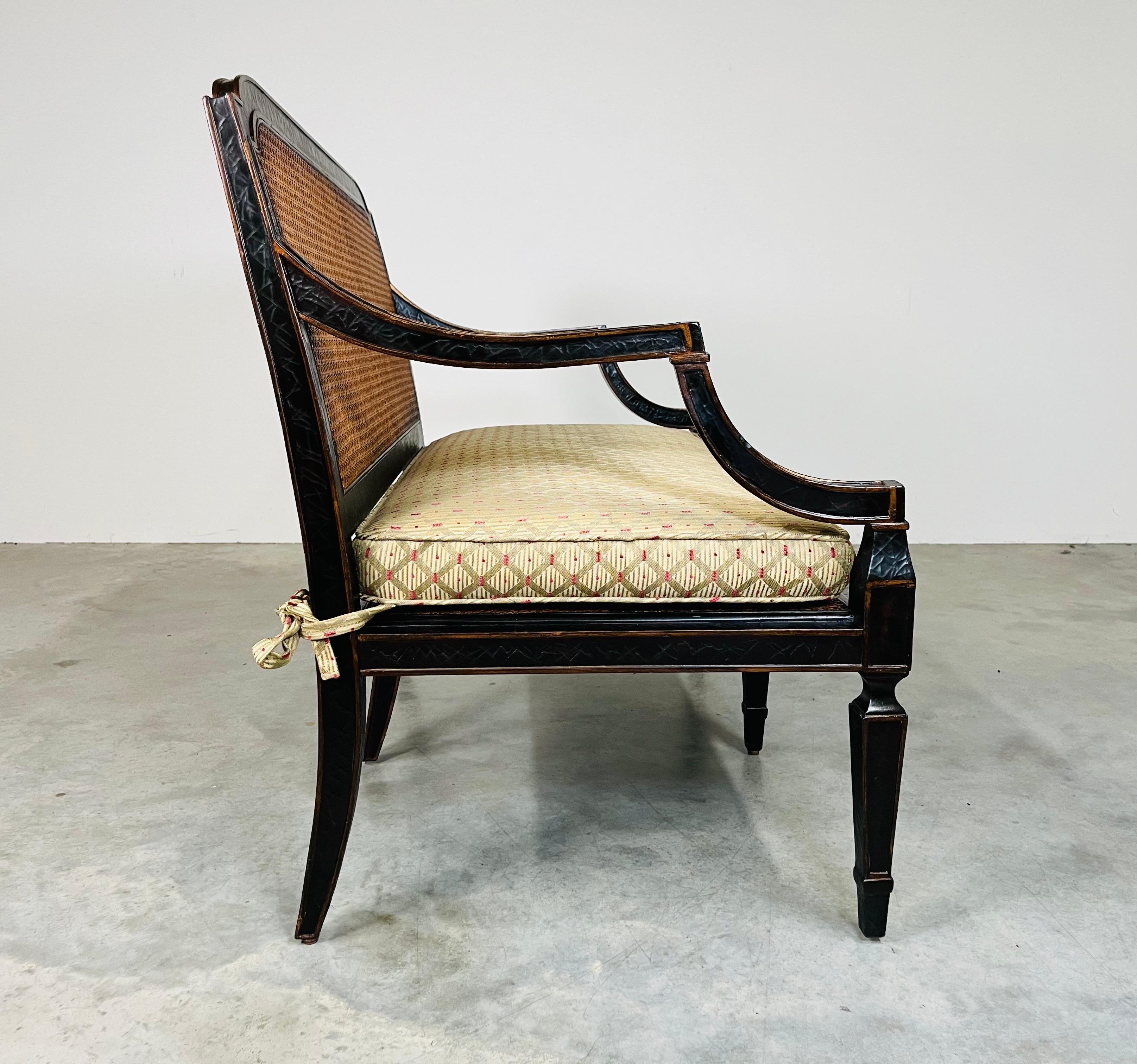 Hand-Painted Sheraton Double Cane Black & Gold Settee Bench  By Baker Milling Road