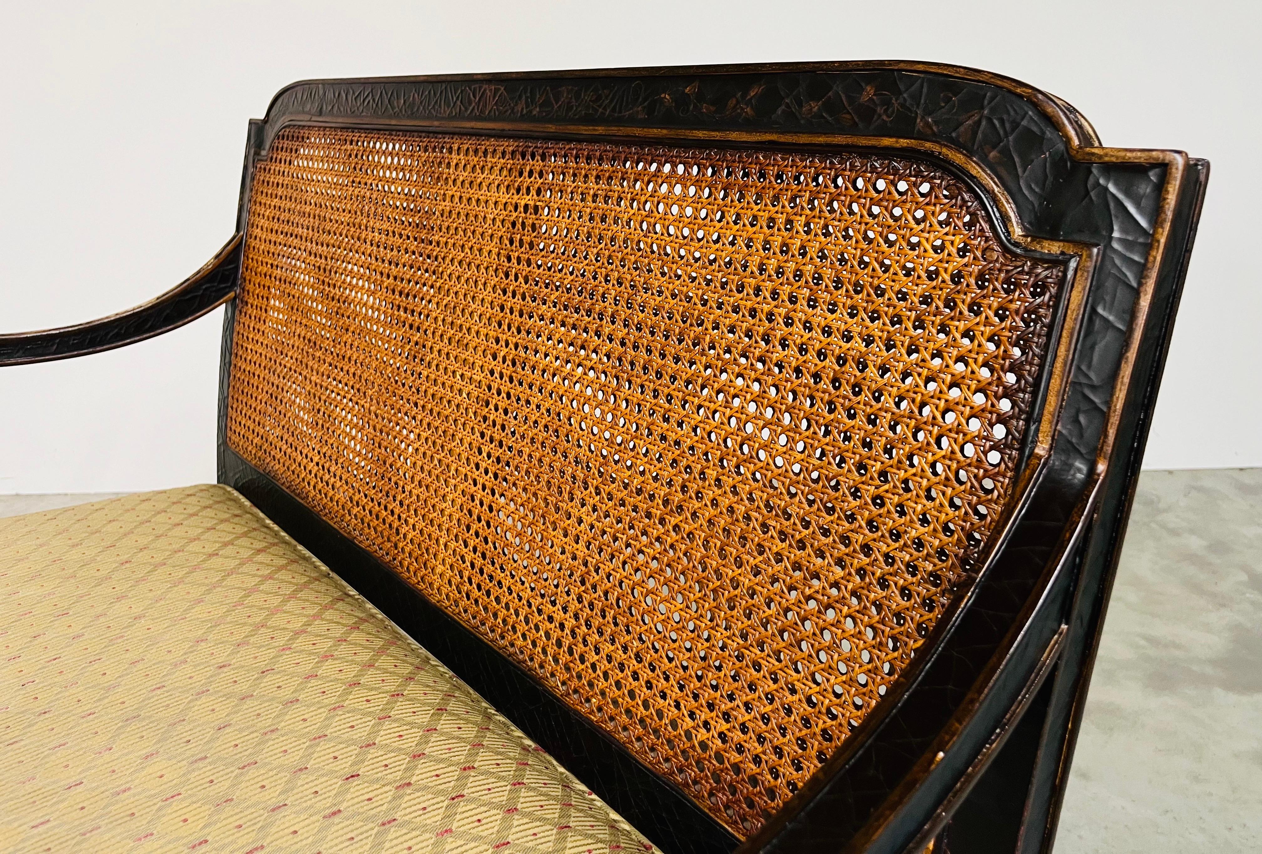 20th Century Sheraton Double Cane Black & Gold Settee Bench  By Baker Milling Road