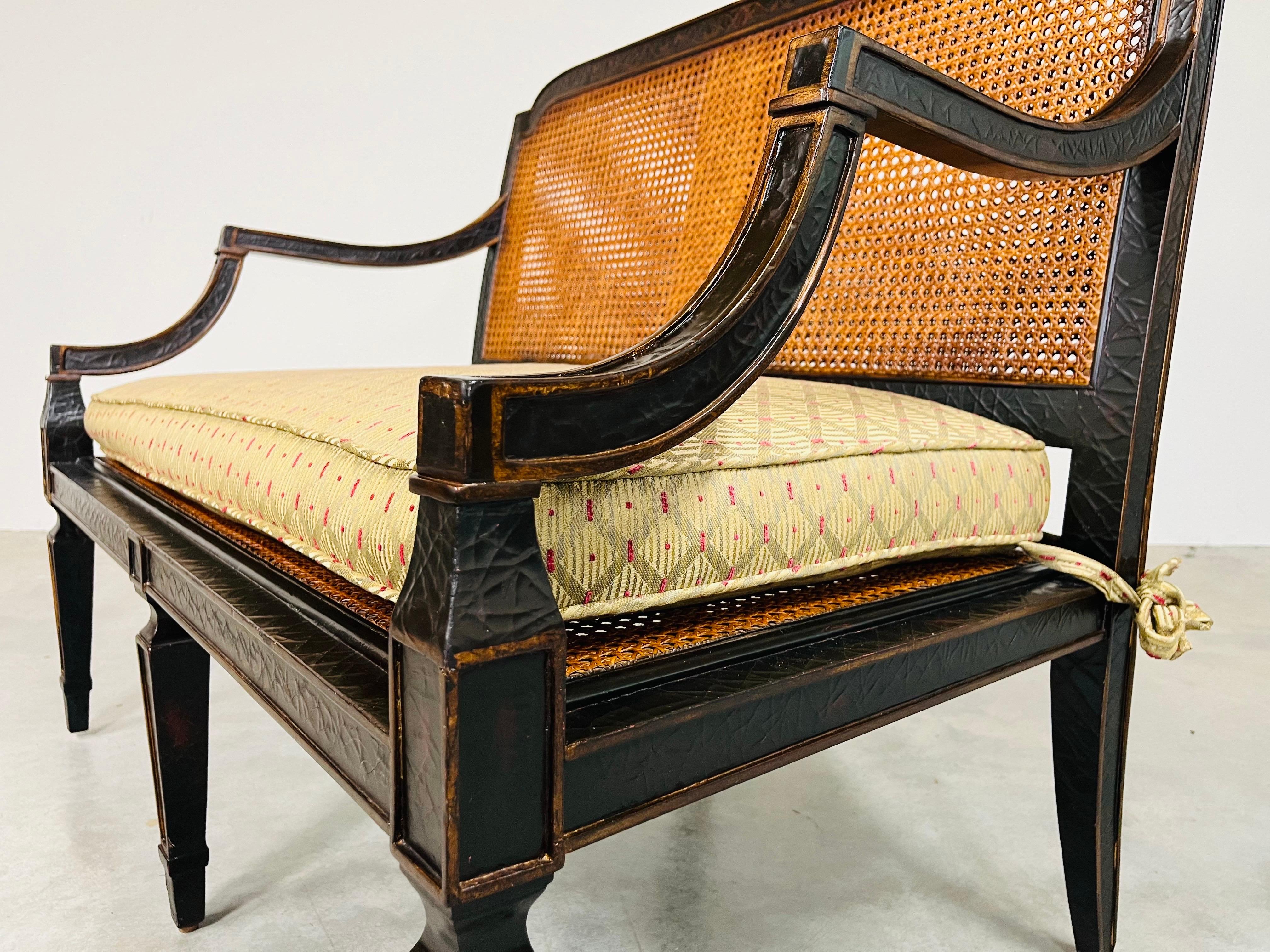 Satin Sheraton Double Cane Black & Gold Settee Bench  By Baker Milling Road