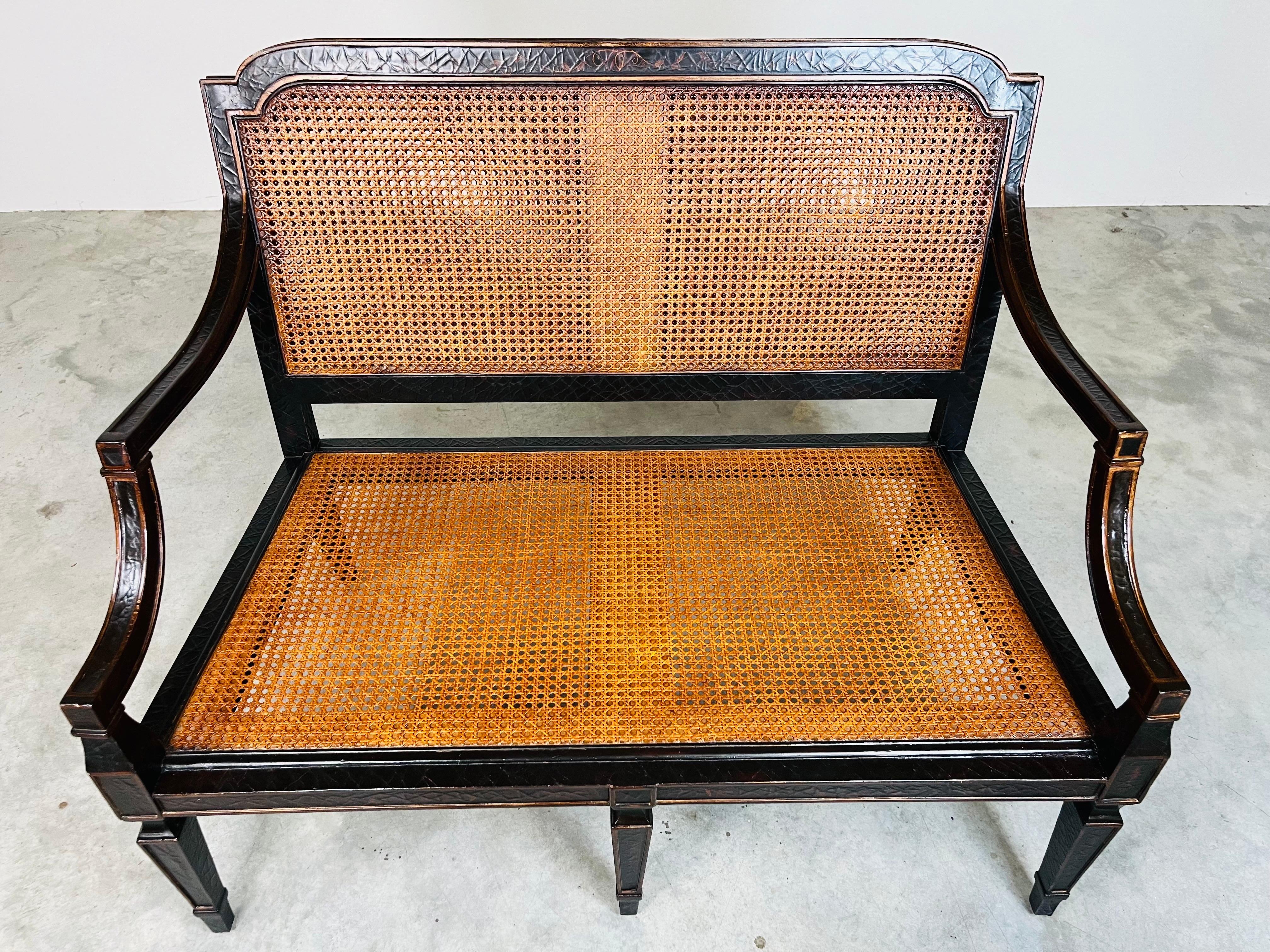 Sheraton Double Cane Black & Gold Settee Bench  By Baker Milling Road 1