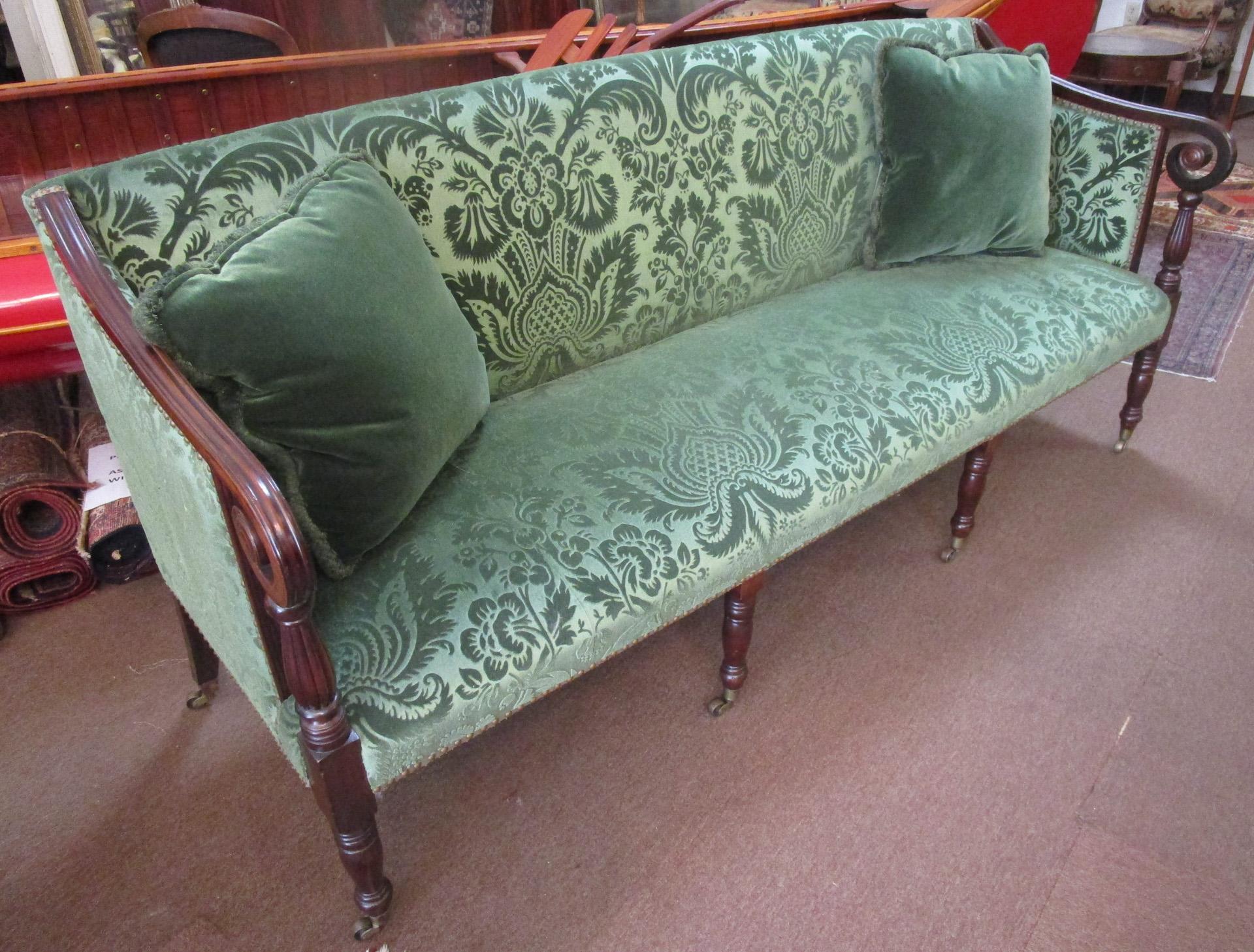 Sheraton English Carved Mahogany Upholstered Sofa circa 1820  For Sale 12
