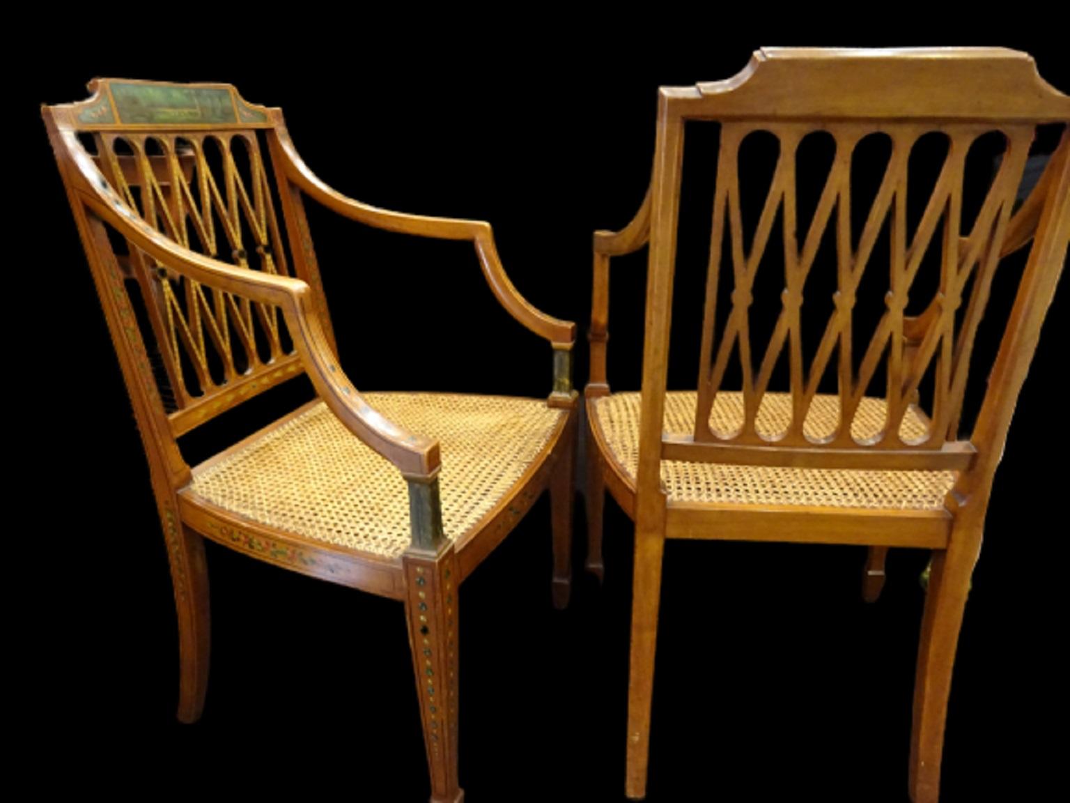 Sheraton English Pair of armchairs, Painted Satinwood  Inlaid Wood, Meashseat  3