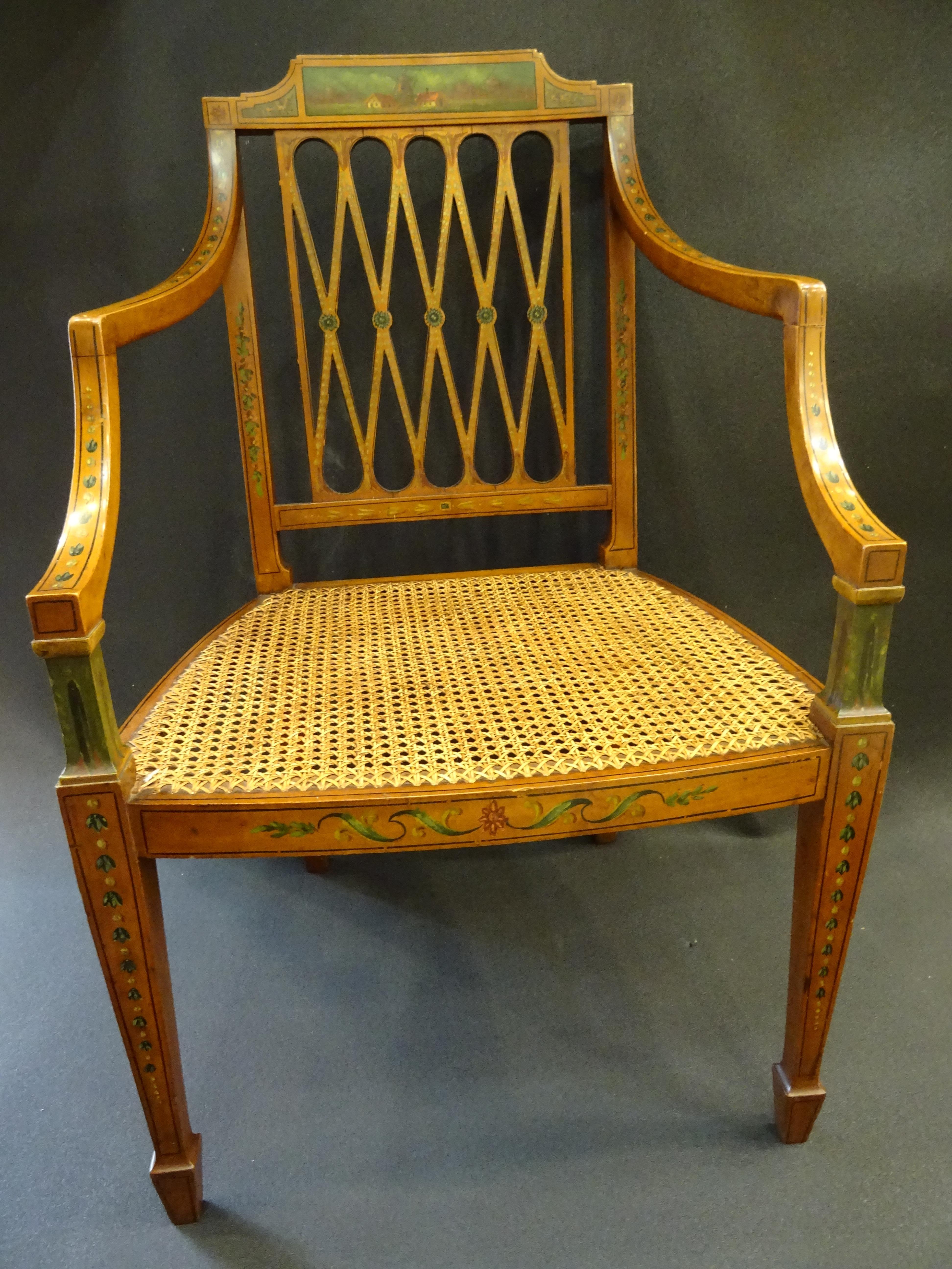 Sheraton English Pair of armchairs, Painted Satinwood  Inlaid Wood, Meashseat  5
