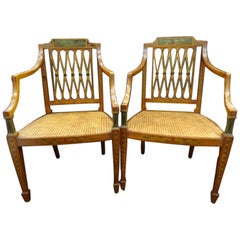 Sheraton English Pair of armchairs, Painted Satinwood Inlaid Wood, Meashseat