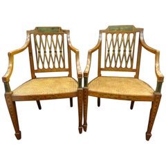 Antique Sheraton English Pair of armchairs, Painted Satinwood  Inlaid Wood, Meashseat 