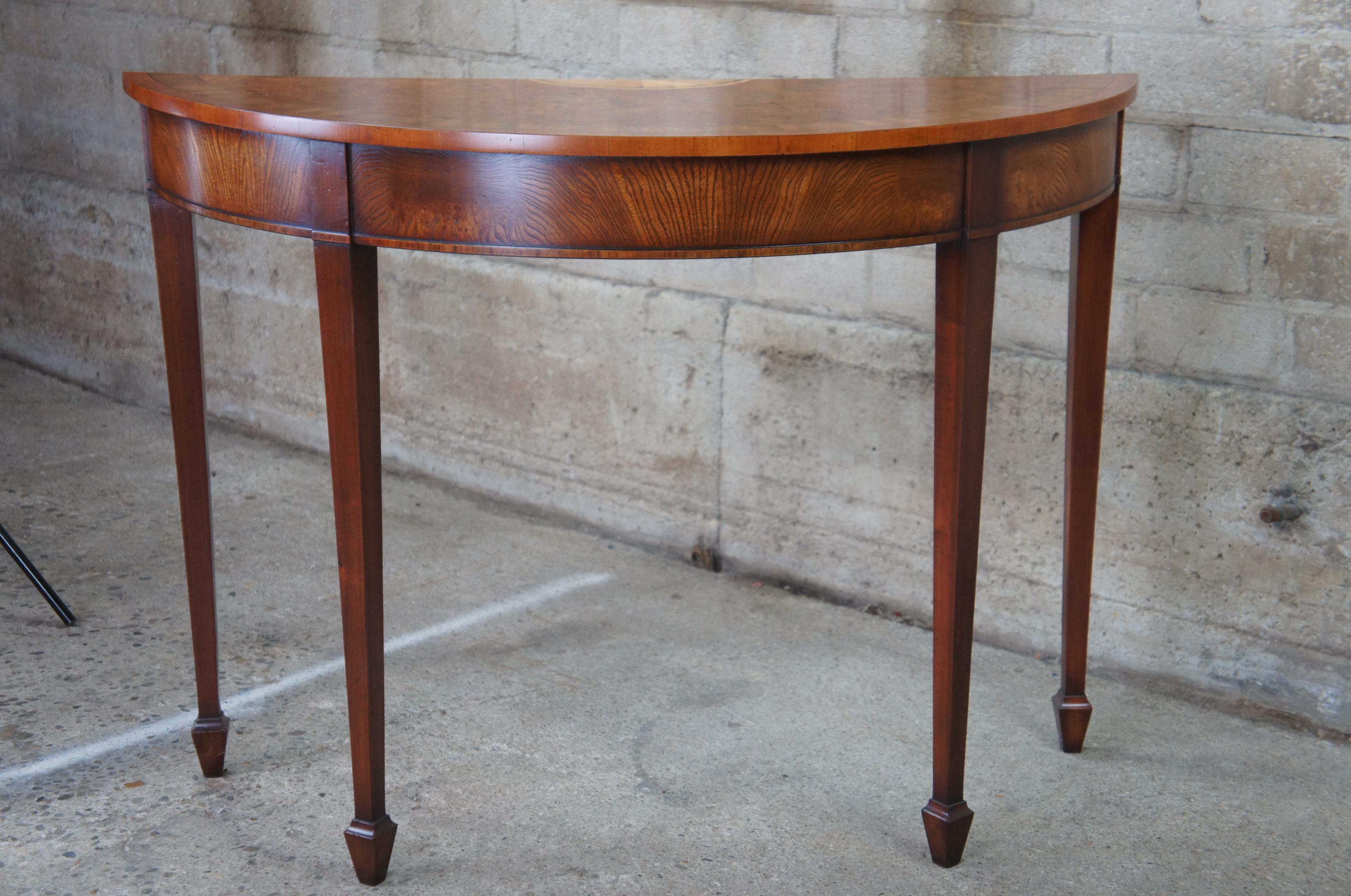 Sheraton Federal Style Olive Ash Burled Mahogany Demilune Entry Console Table 7
