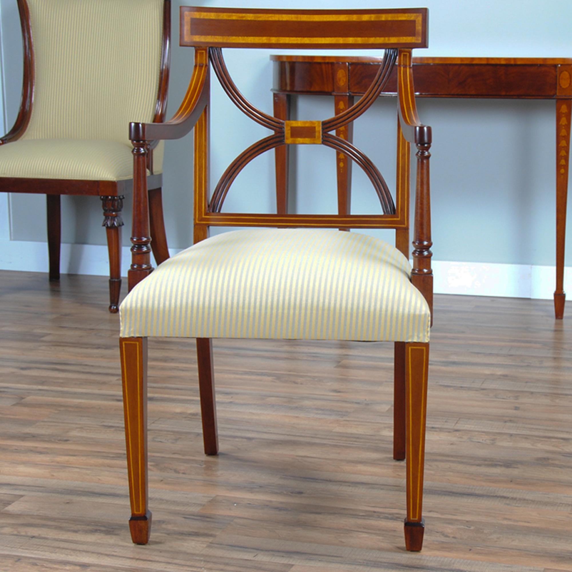 Hand-Carved Sheraton Inlaid Mahogany Chairs, Set of 10 For Sale
