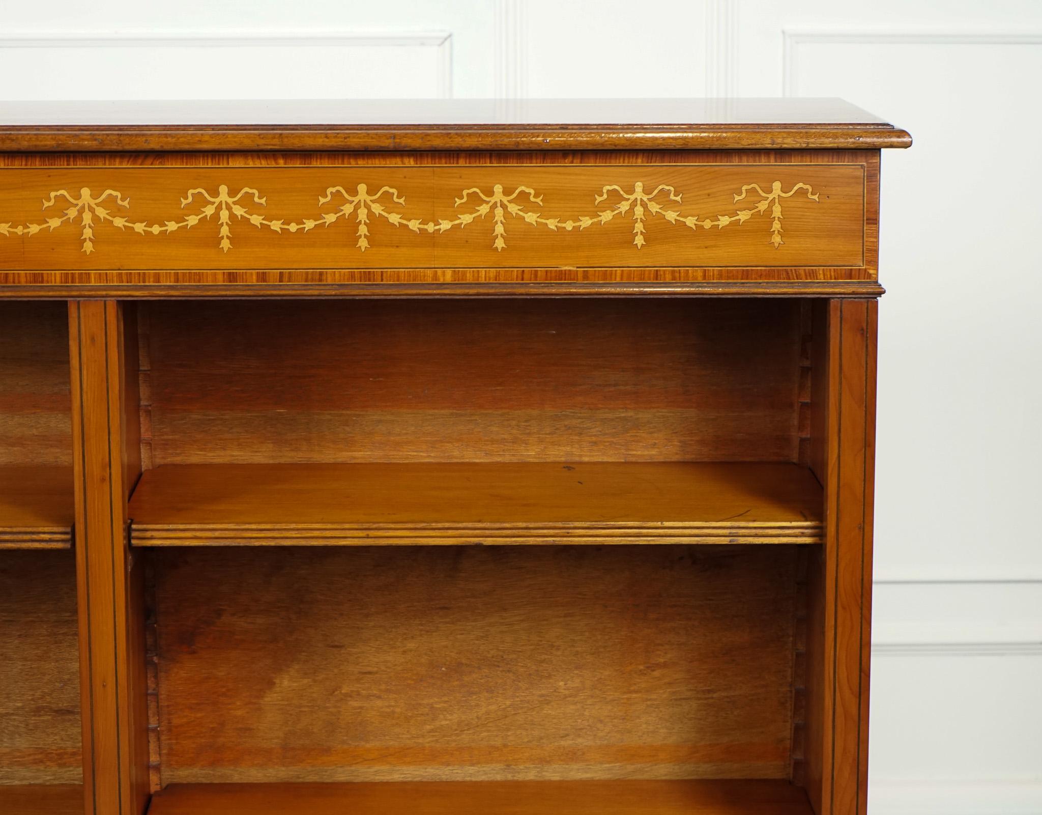 British SHERATON INLAiD YEW WOOD DOUBLE DWARF OPEN BOOKCASE  For Sale