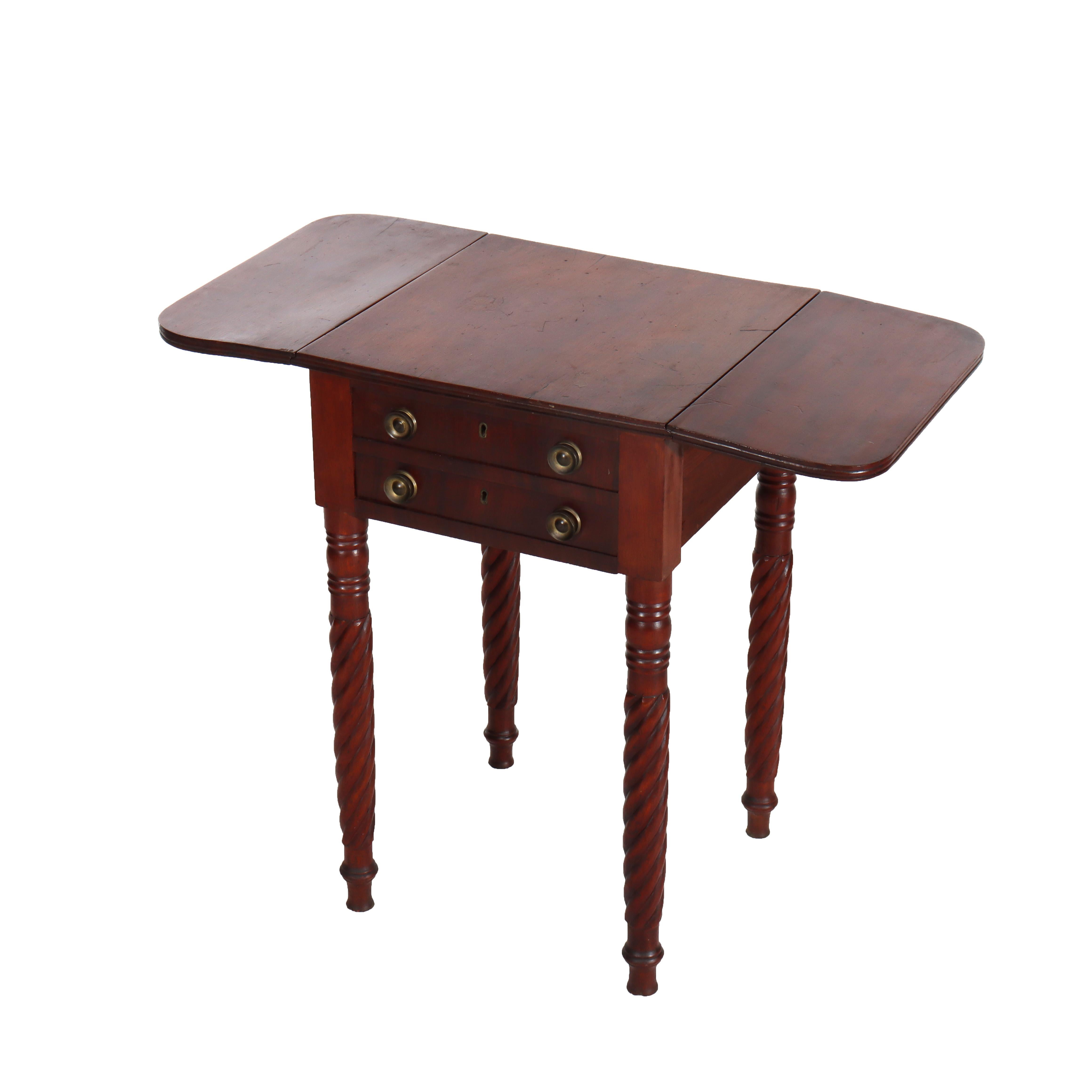 Sheraton Mahogany 2 Drawer Drop Leaf Stand With Rope Twist Carved Legs c1830 In Good Condition For Sale In Big Flats, NY