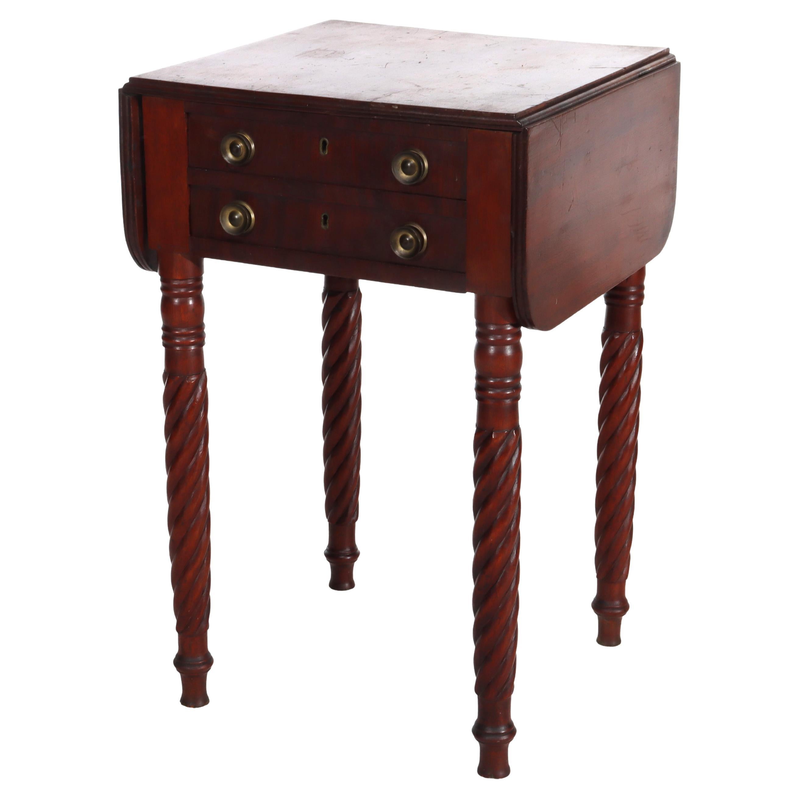 Sheraton Mahogany 2 Drawer Drop Leaf Stand With Rope Twist Carved Legs c1830 For Sale