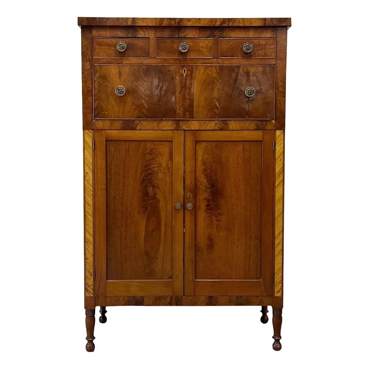 20th Century Sheraton Mahogany and Burlwood Tall Cabinet For Sale