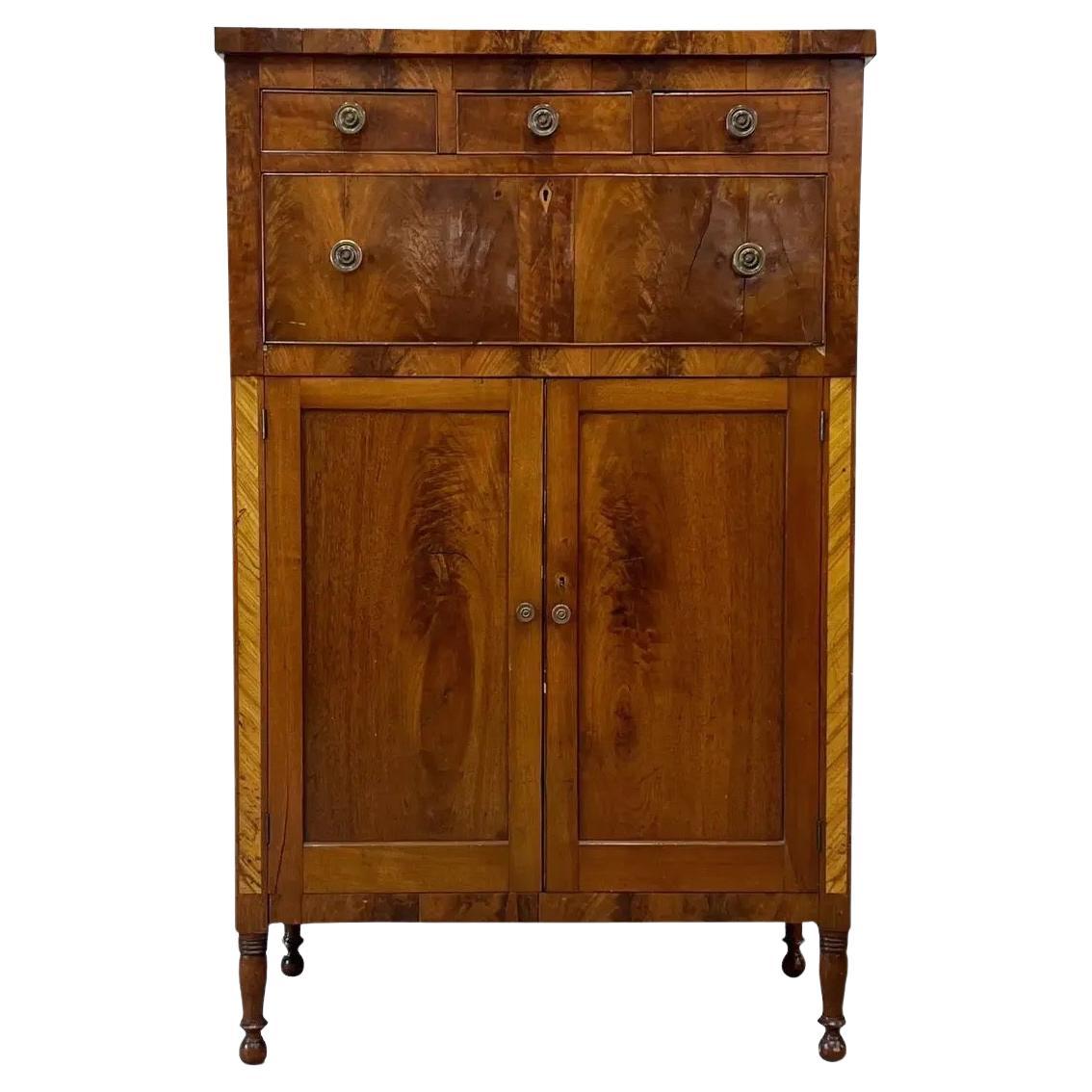 Sheraton Mahogany and Burlwood Tall Cabinet For Sale