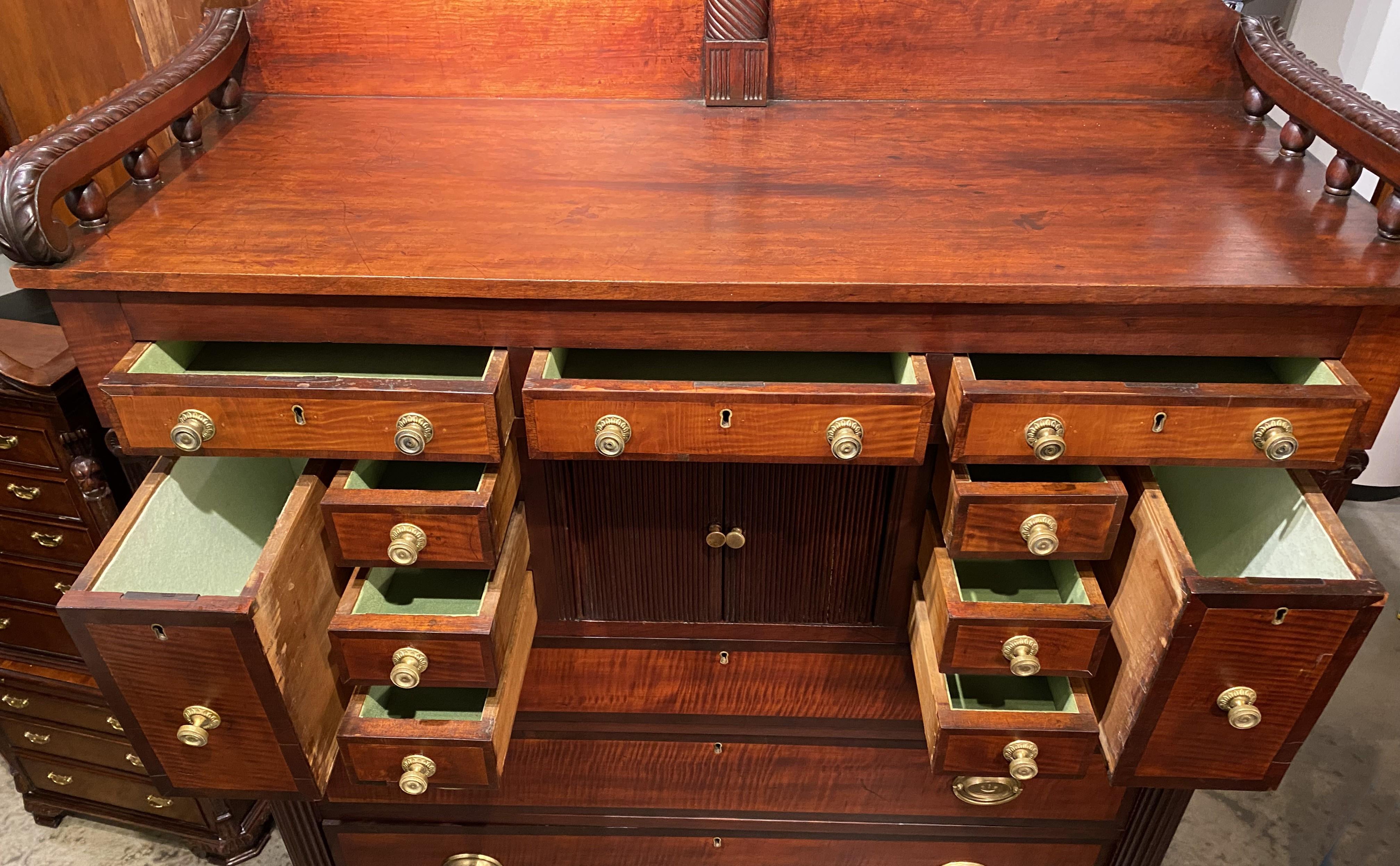 Sheraton Mahogany and Tiger Maple Chest or Server with Gallery and Tambour Doors 4