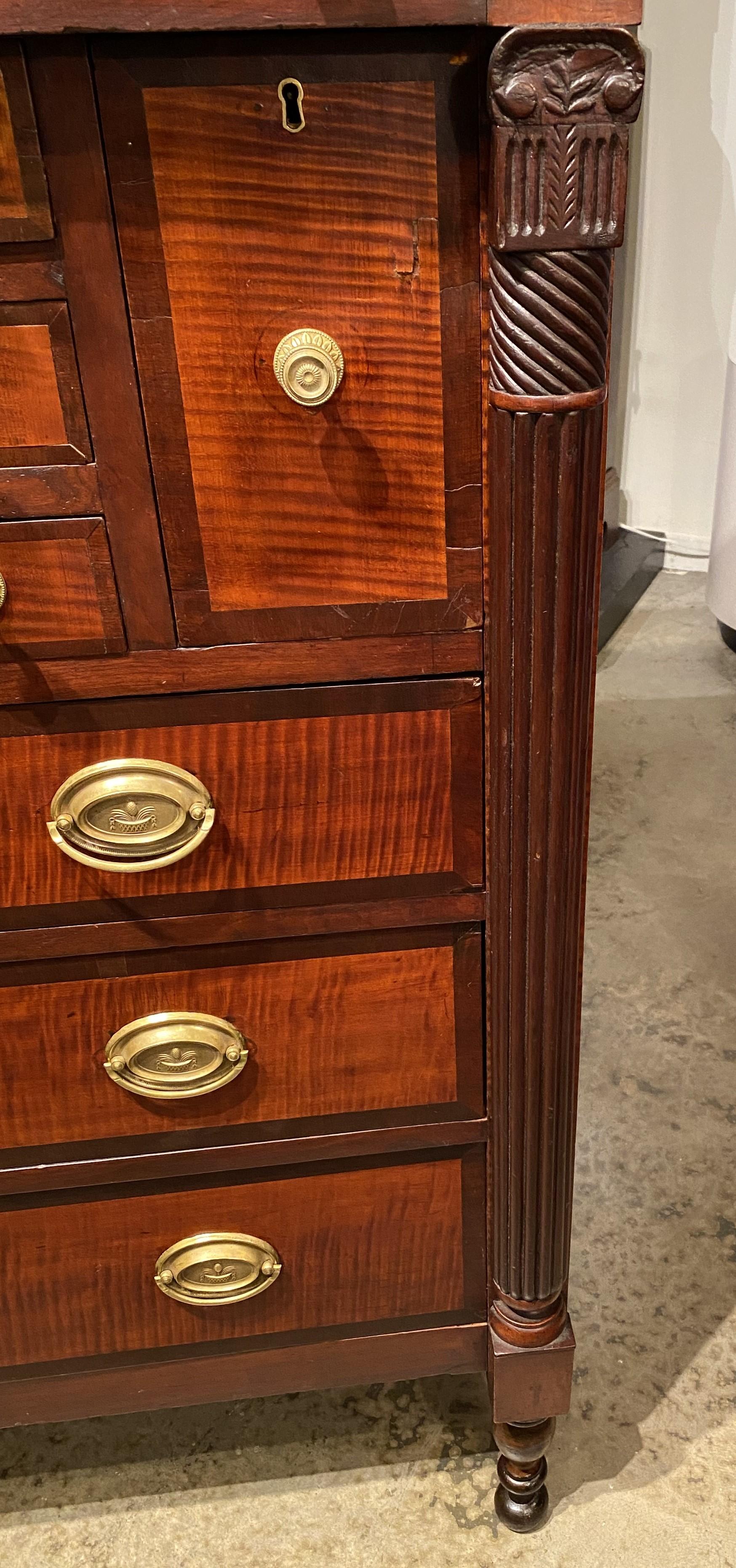 Sheraton Mahogany and Tiger Maple Chest or Server with Gallery and Tambour Doors For Sale 7