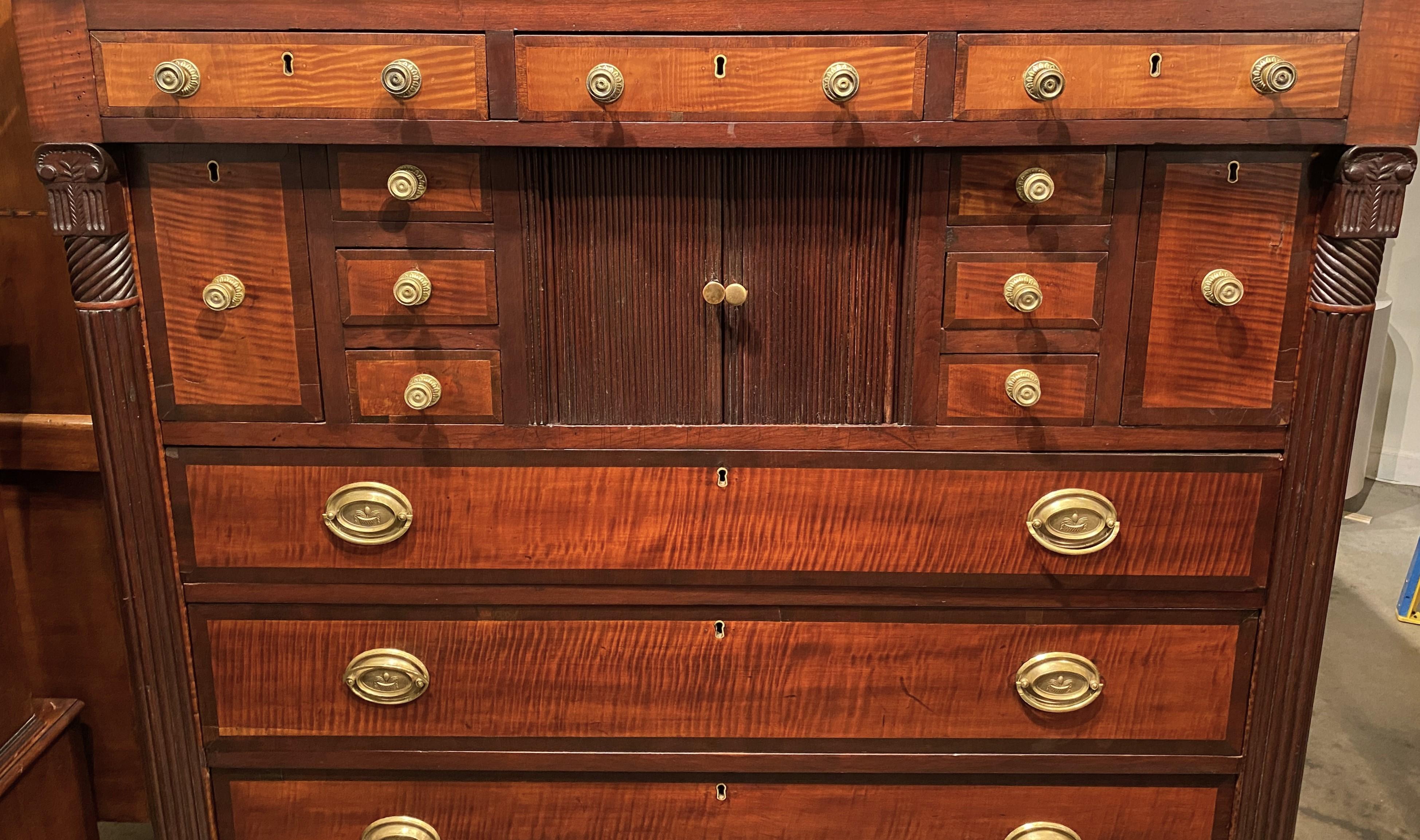 American Sheraton Mahogany and Tiger Maple Chest or Server with Gallery and Tambour Doors For Sale