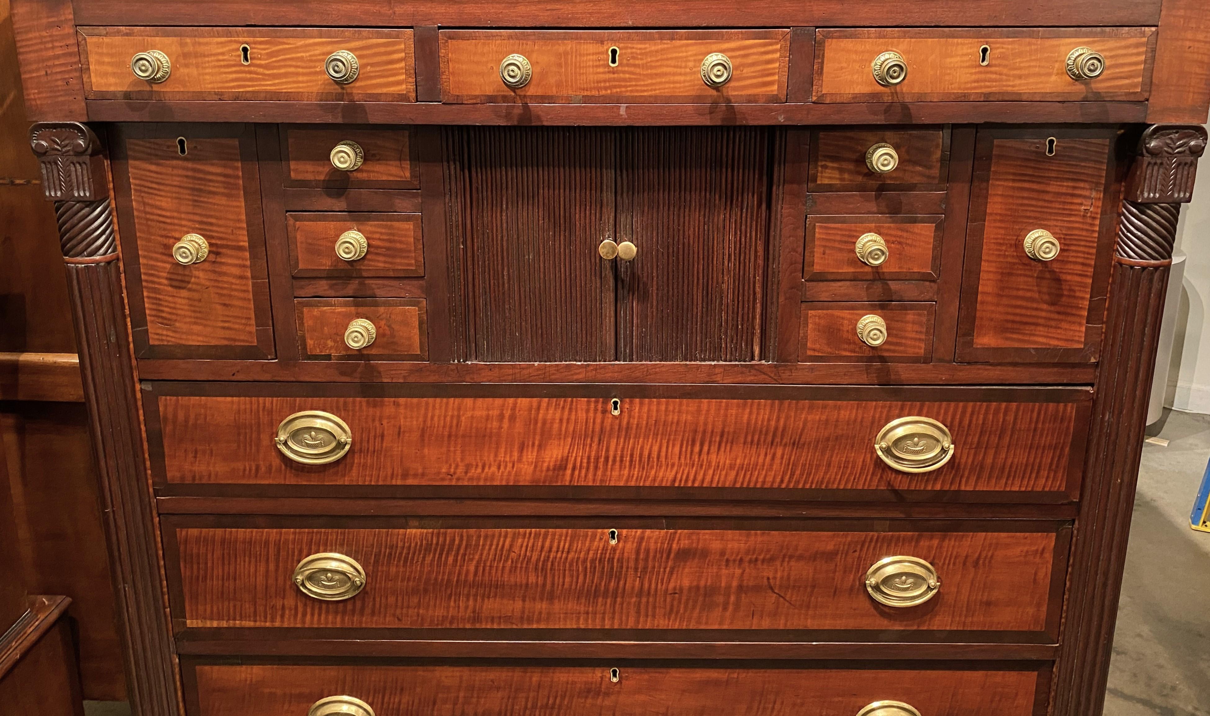 American Sheraton Mahogany and Tiger Maple Chest or Server with Gallery and Tambour Doors