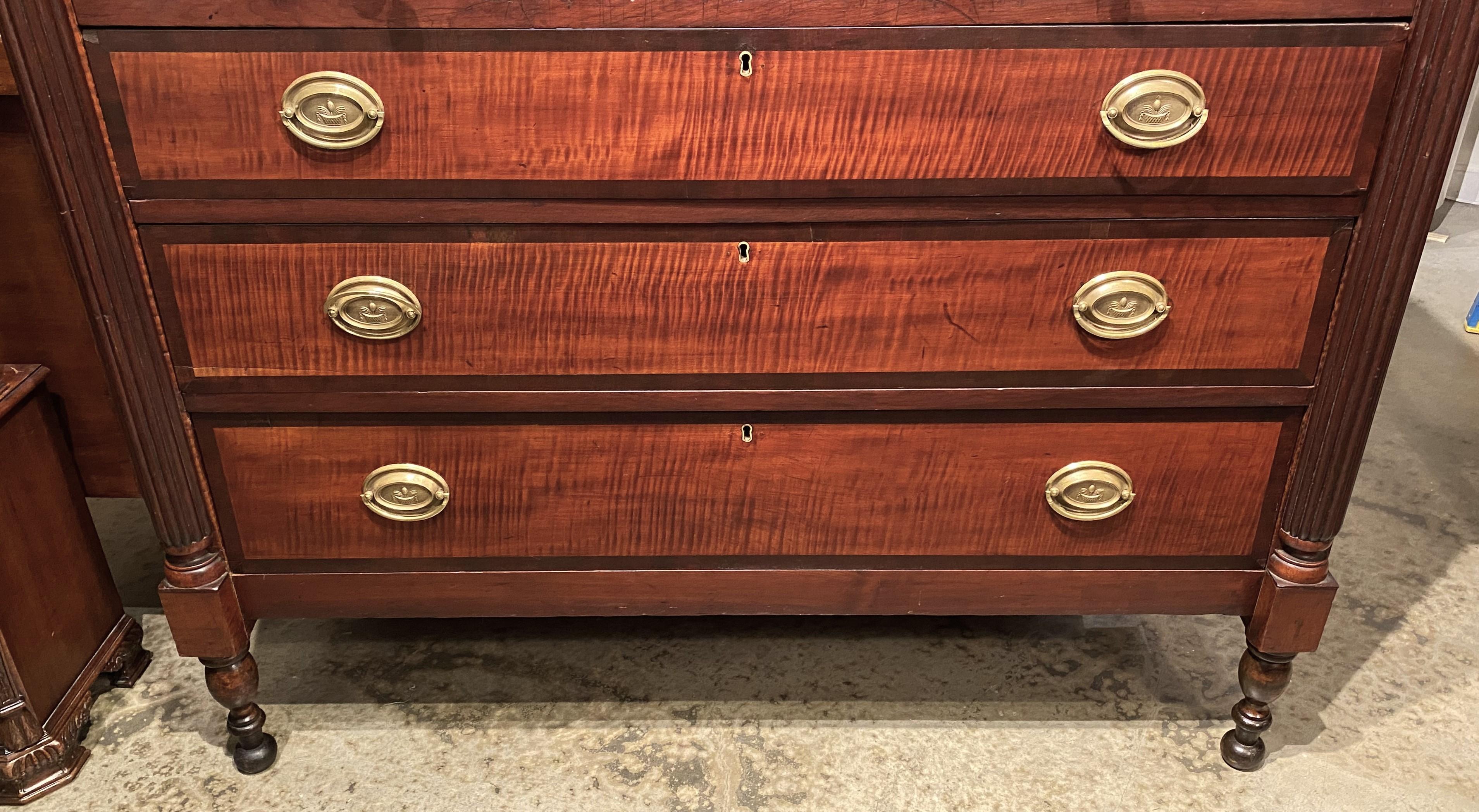 Hand-Carved Sheraton Mahogany and Tiger Maple Chest or Server with Gallery and Tambour Doors For Sale