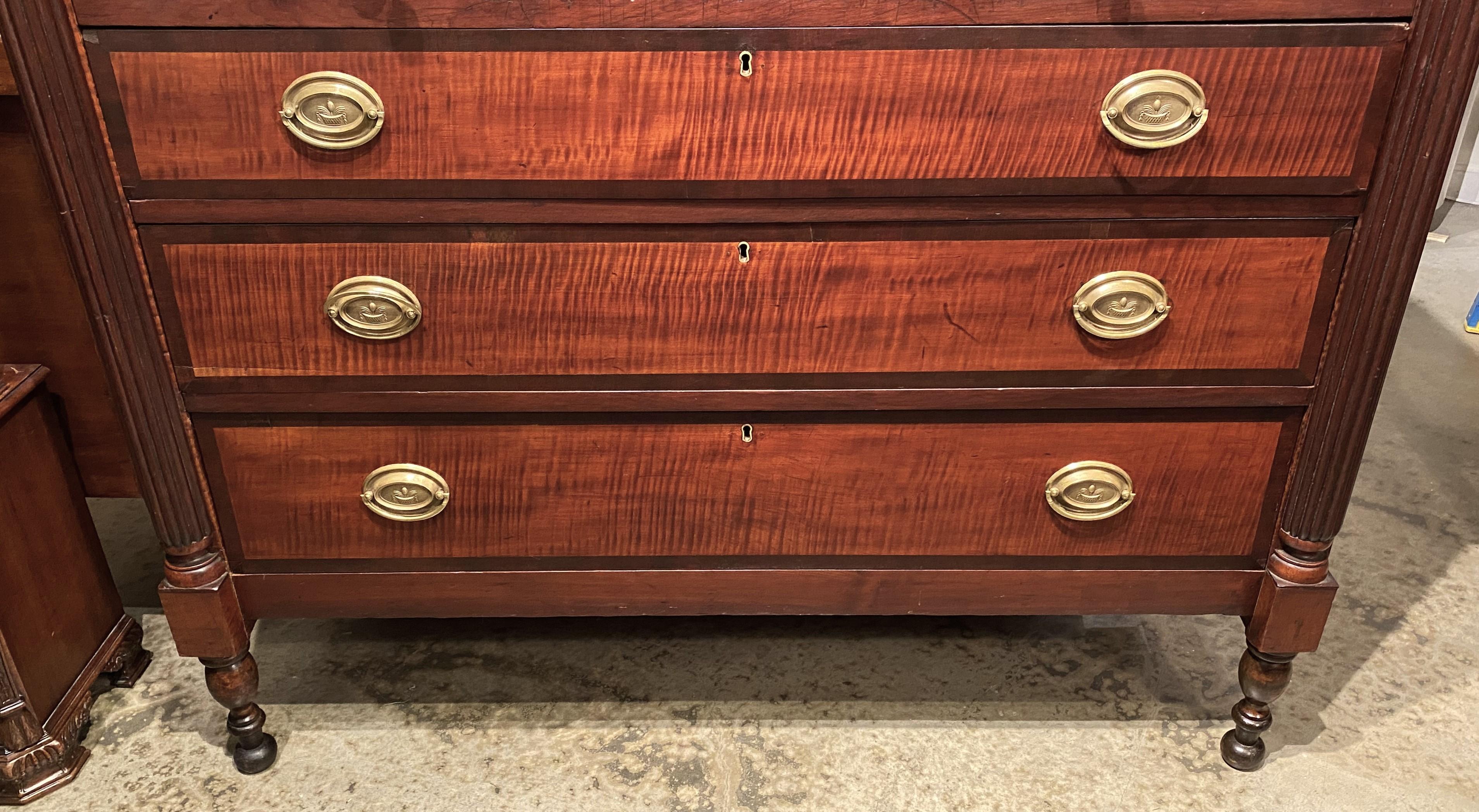 Hand-Carved Sheraton Mahogany and Tiger Maple Chest or Server with Gallery and Tambour Doors
