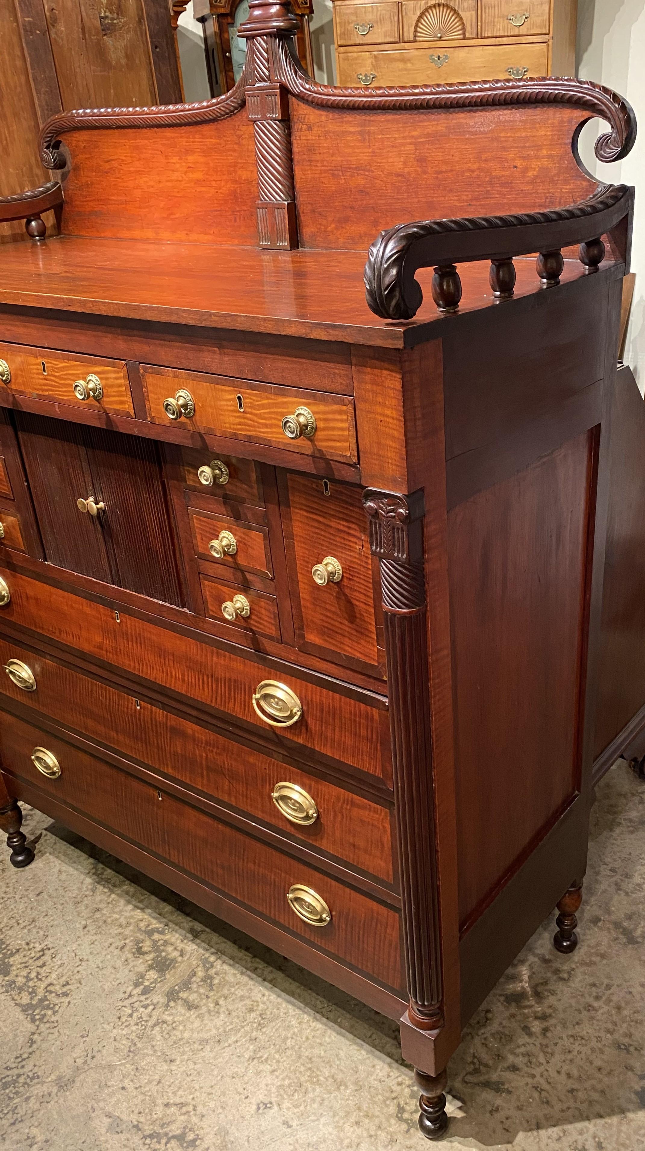 Sheraton Mahogany and Tiger Maple Chest or Server with Gallery and Tambour Doors In Good Condition For Sale In Milford, NH