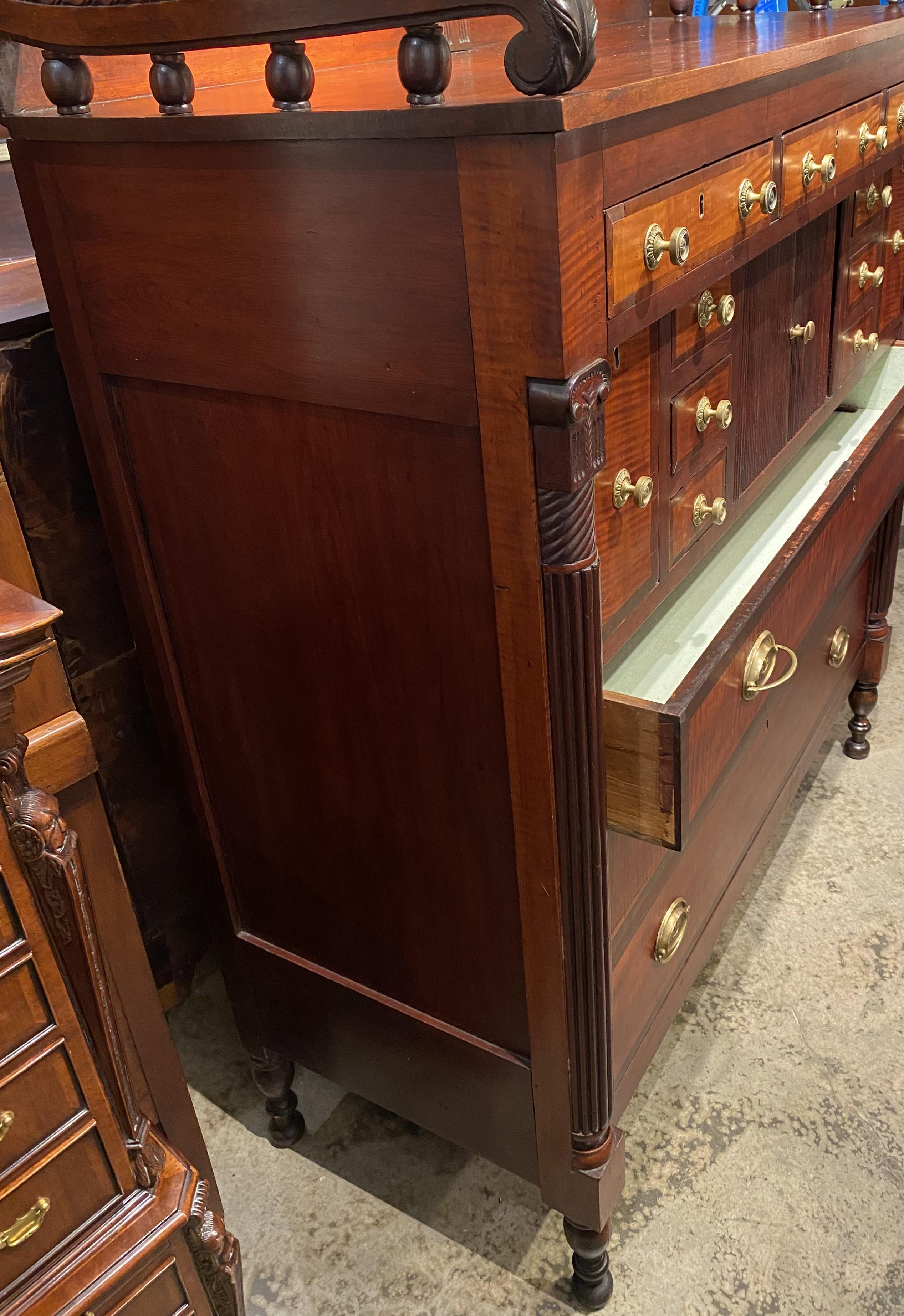 19th Century Sheraton Mahogany and Tiger Maple Chest or Server with Gallery and Tambour Doors For Sale