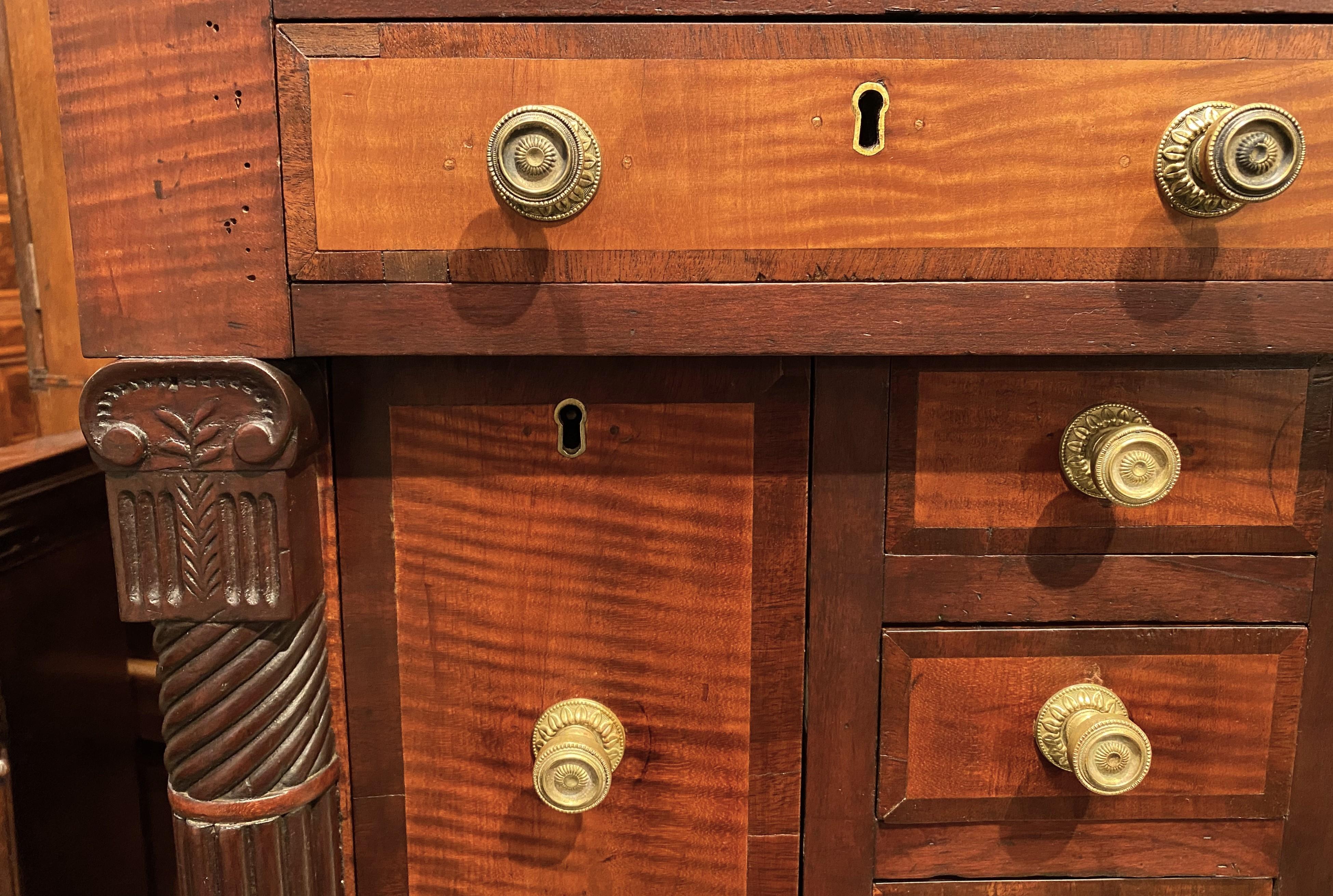 Sheraton Mahogany and Tiger Maple Chest or Server with Gallery and Tambour Doors For Sale 1