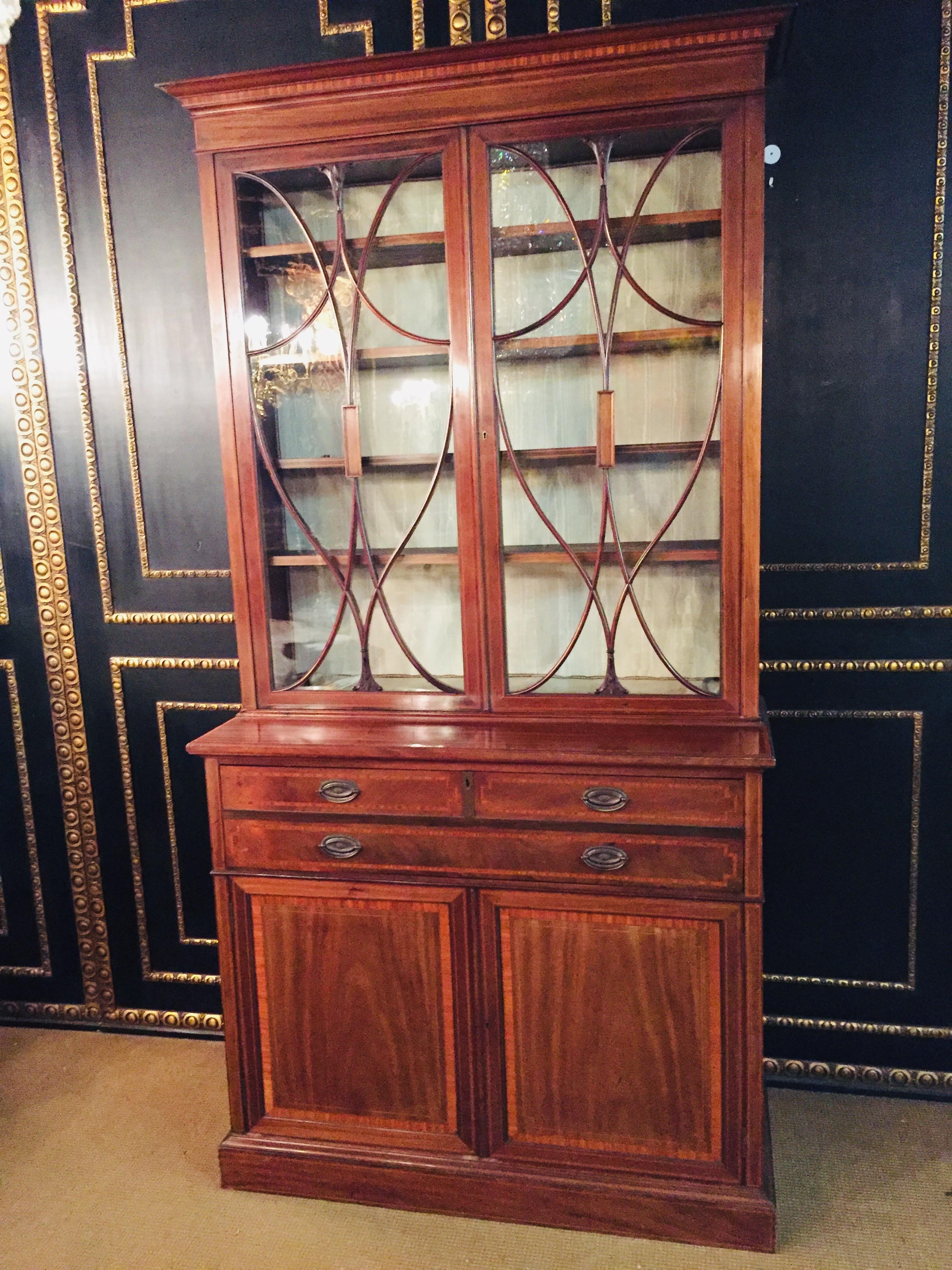 English Sheraton Mahogany Bureau Bookcase with front Desk