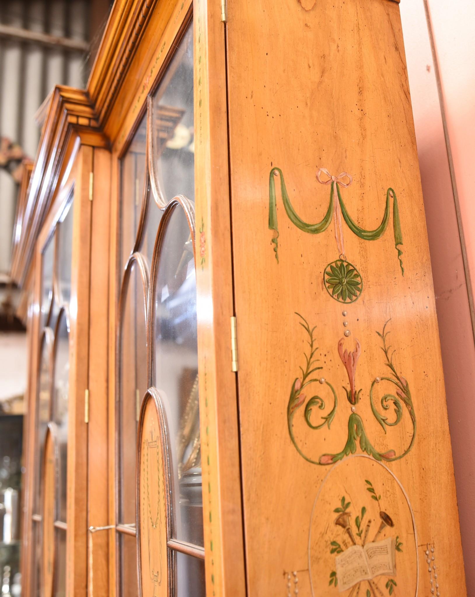 Sheraton Painted Satinwood Breakfront Bookcase Cabinet Regency 7