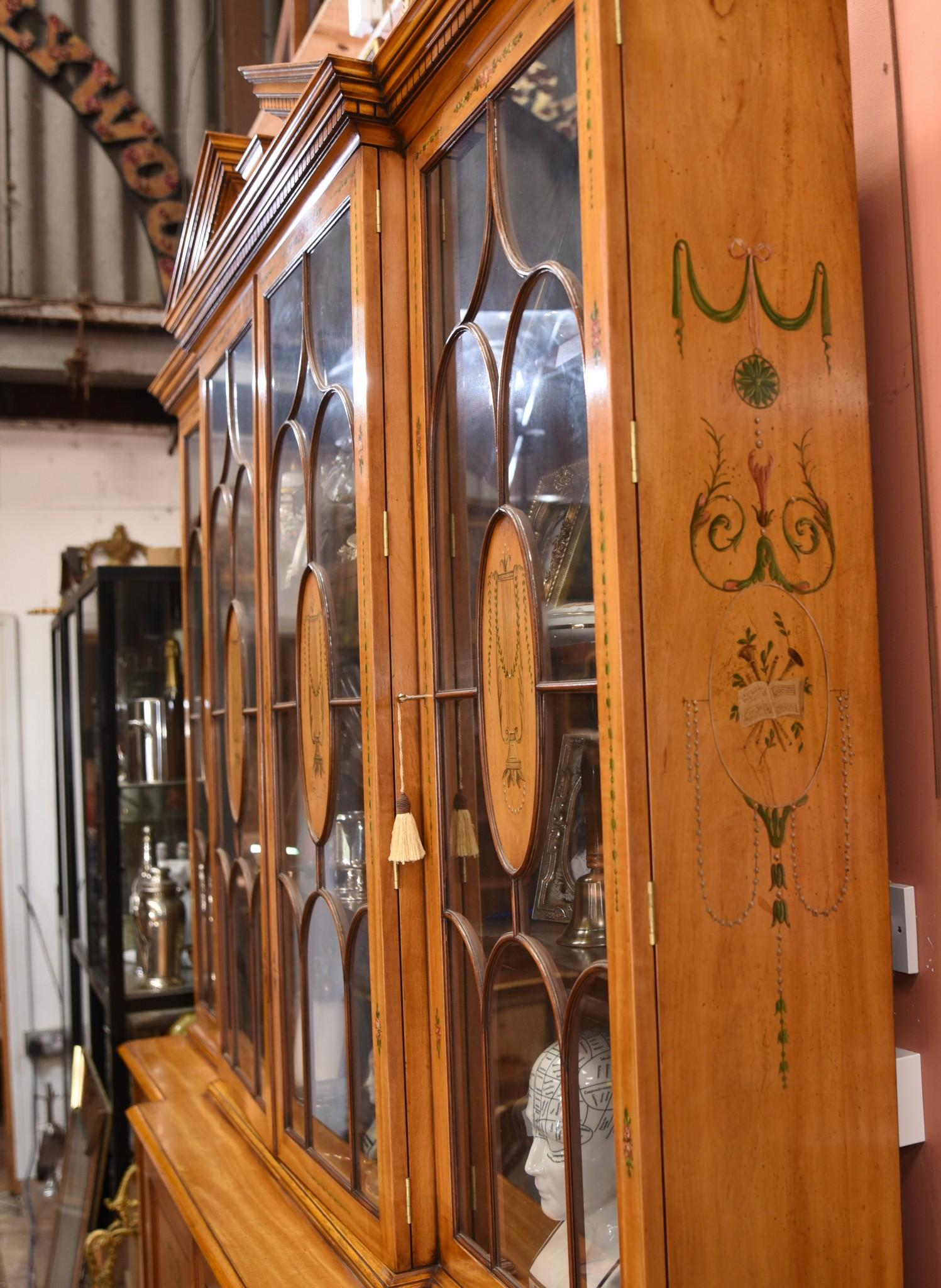 Sheraton Painted Satinwood Breakfront Bookcase Cabinet Regency 2