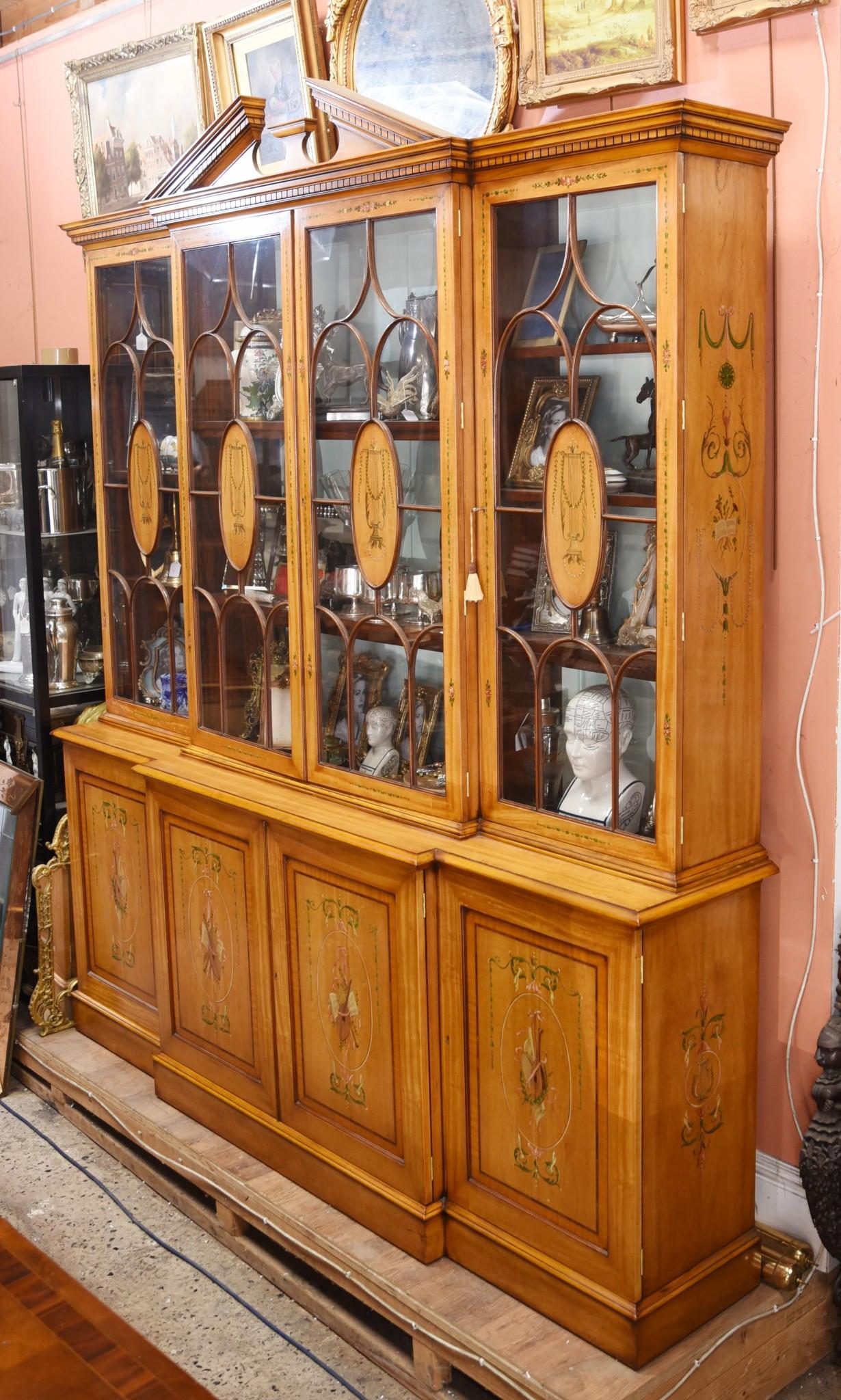 Sheraton Painted Satinwood Breakfront Bookcase Cabinet Regency 5