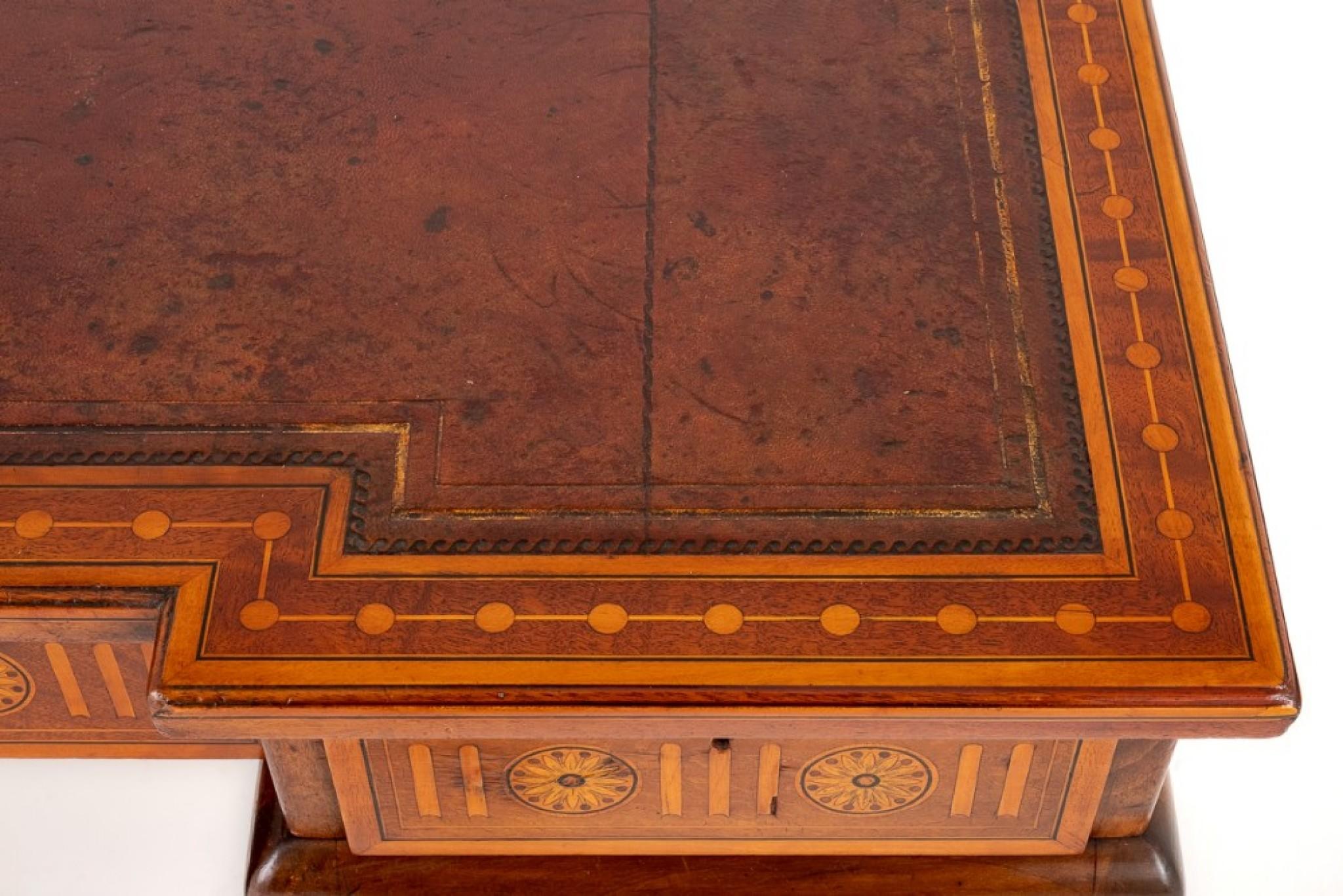 Mahogany Sheraton Pedestal Desk Shaped Marquetry Inlay For Sale