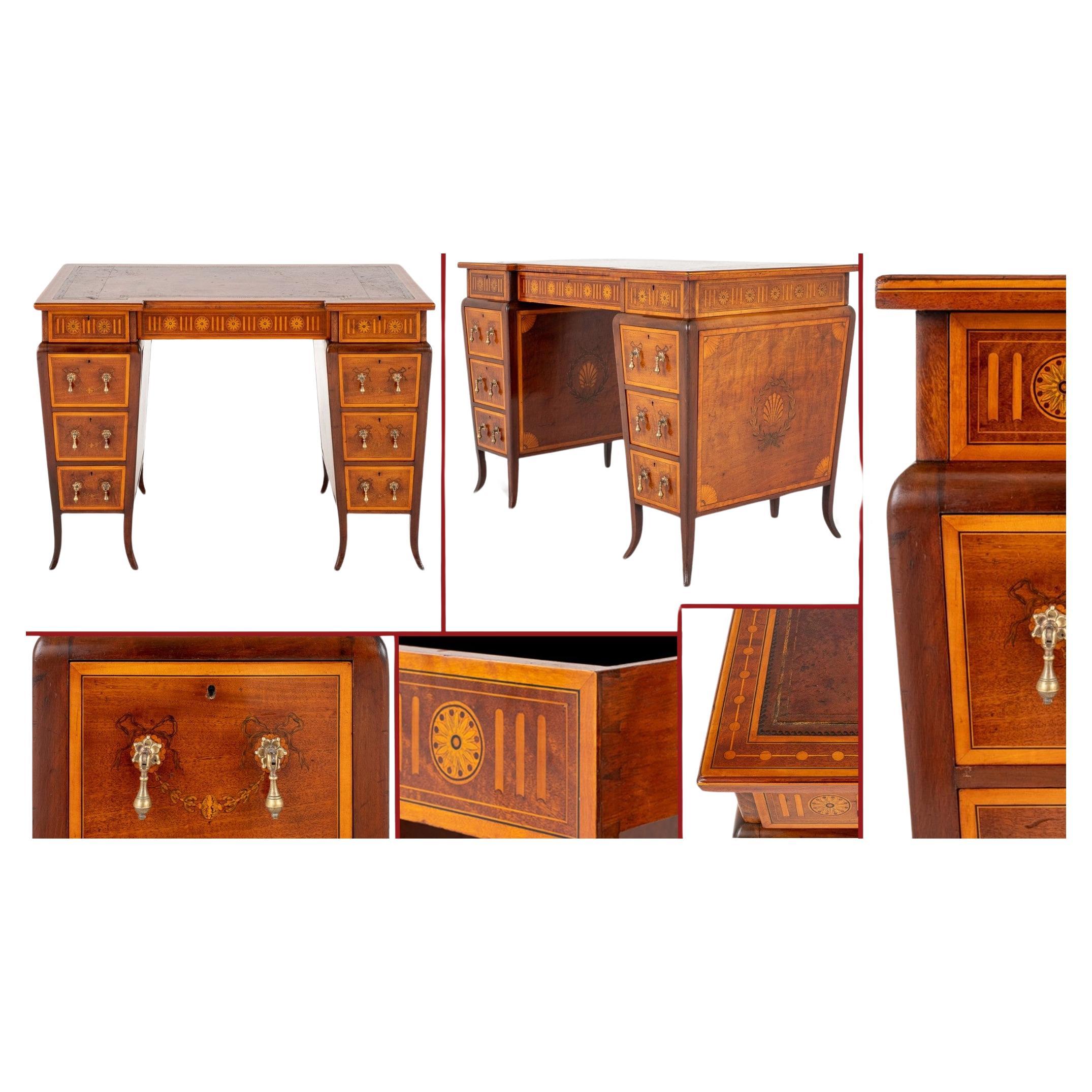Sheraton Pedestal Desk Shaped Marquetry Inlay For Sale