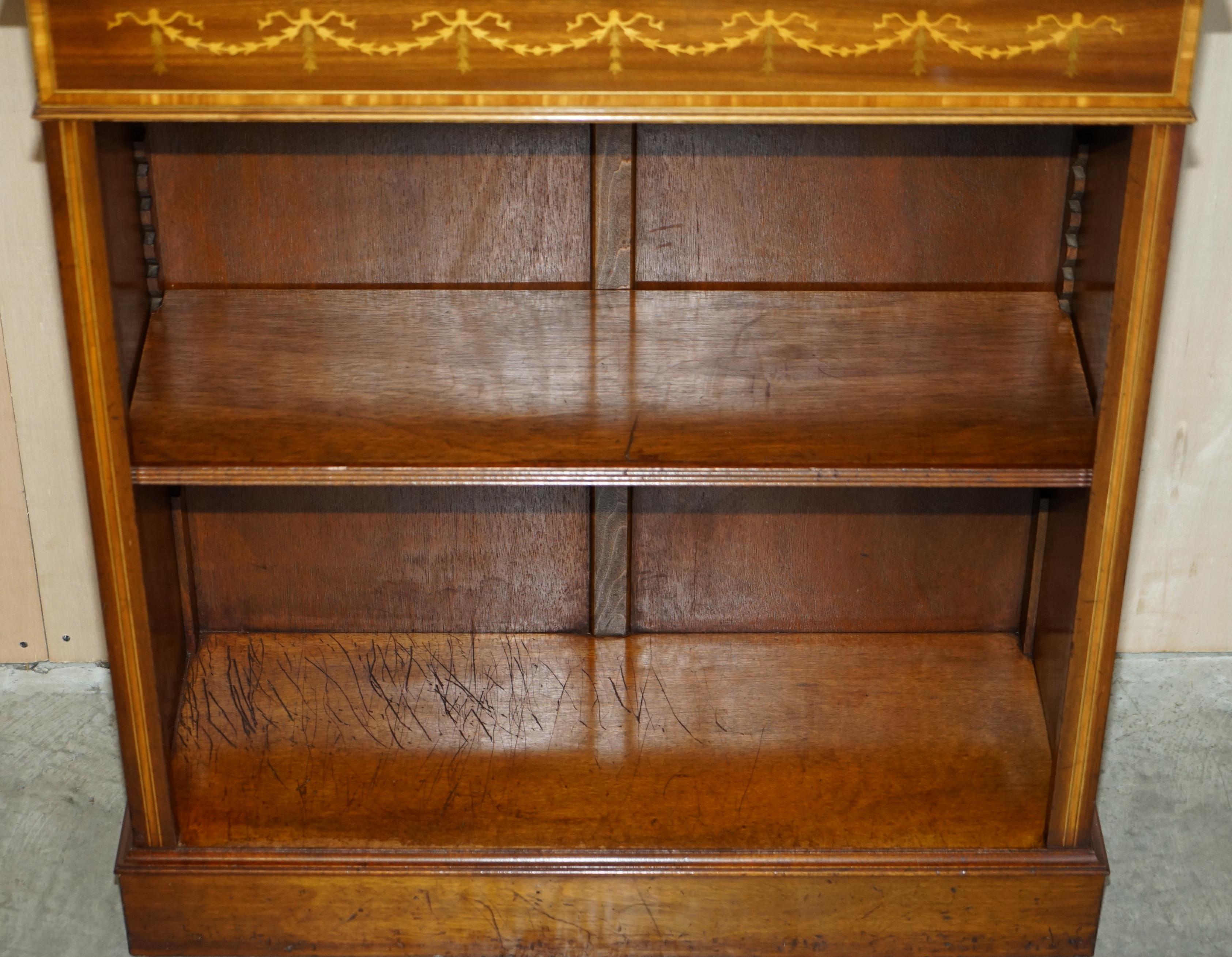Hand-Crafted Sheraton Revival Burr Elm Walnut Inlay Dwarf Library Open Bookcase Bookshelf For Sale