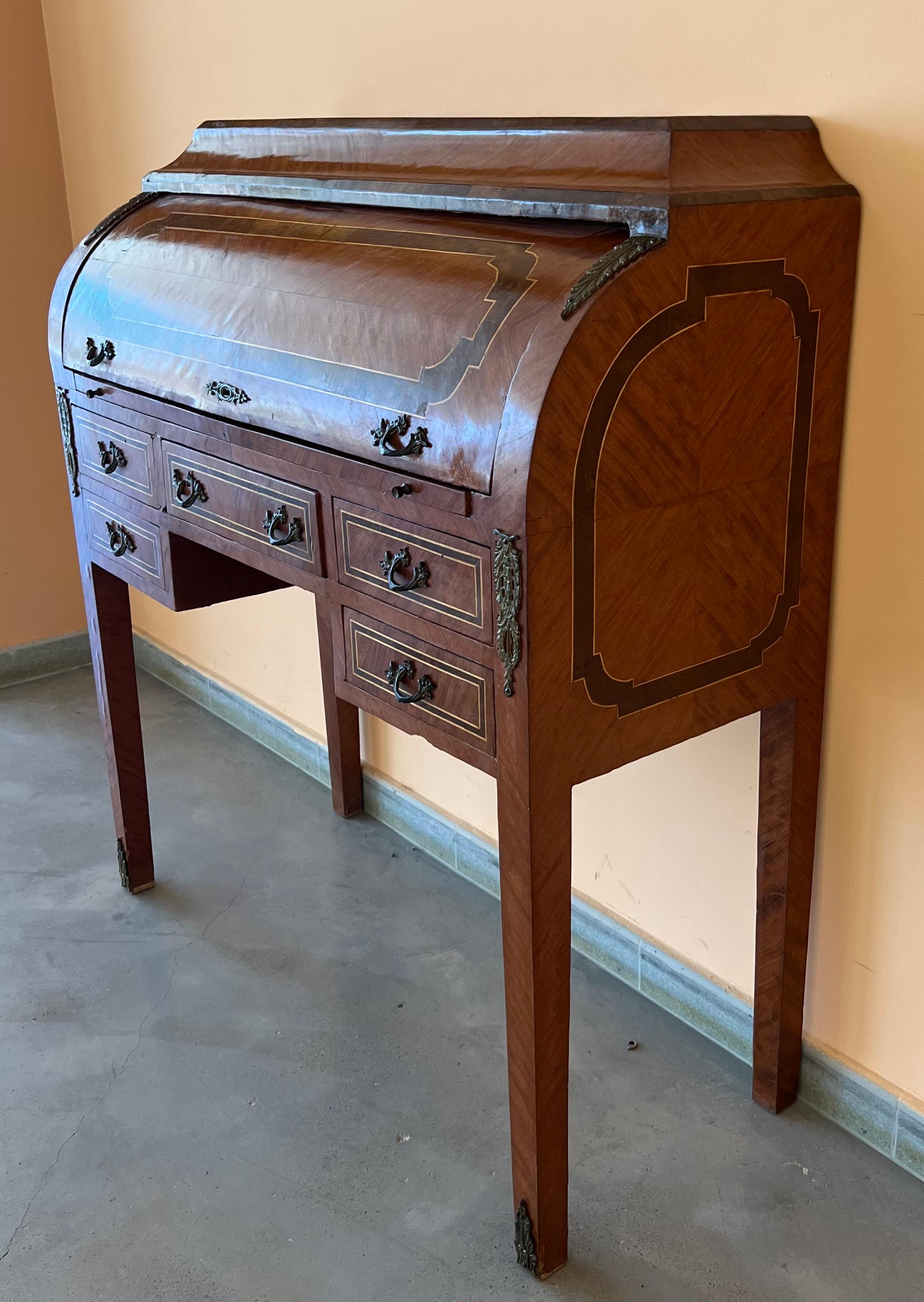 European Sheraton Revival Cylinder Bureau, writing Desk with marquetry, circa 1890 For Sale