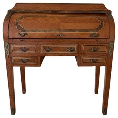 Sheraton Revival Cylinder Bureau, writing Desk with marquetry, circa 1890