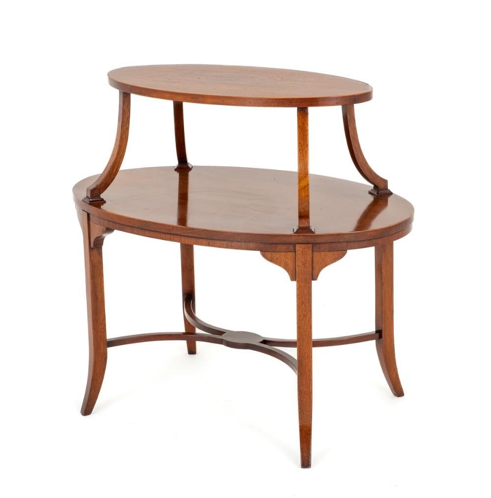 Mahogany Sheraton Revival Etagere.
circa 1920
This Elegant Etagere Stands upon Shaped Legs with a Shaped Stretcher.
The Oval Top Section Features Rosewood Crossbanding and Boxwood Line Inlays and is Raised Upon Shaped Supports.
Presented in good